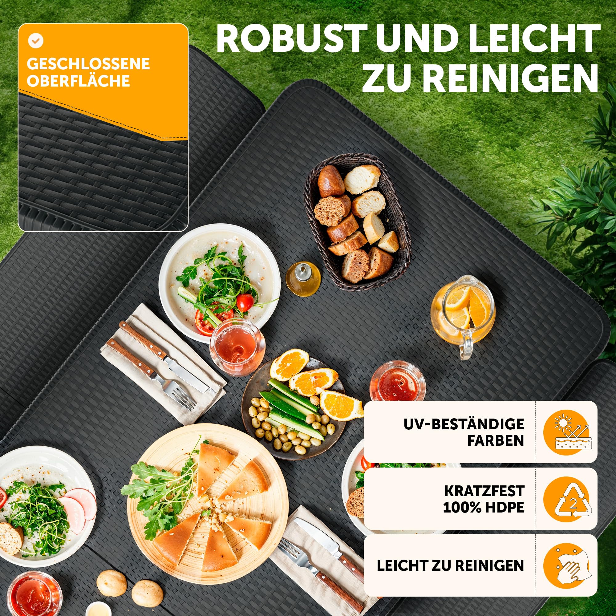 Blumtal Bierzeltgarnitur 3er Set - 2X Bierbank + 1x Biertisch - tragstarke Biertischgarnitur klappbar für 8 Personen - Bierbankgarnitur mit Tragegriff - Biergartengarnitur in Rattan-Optik Schwarz