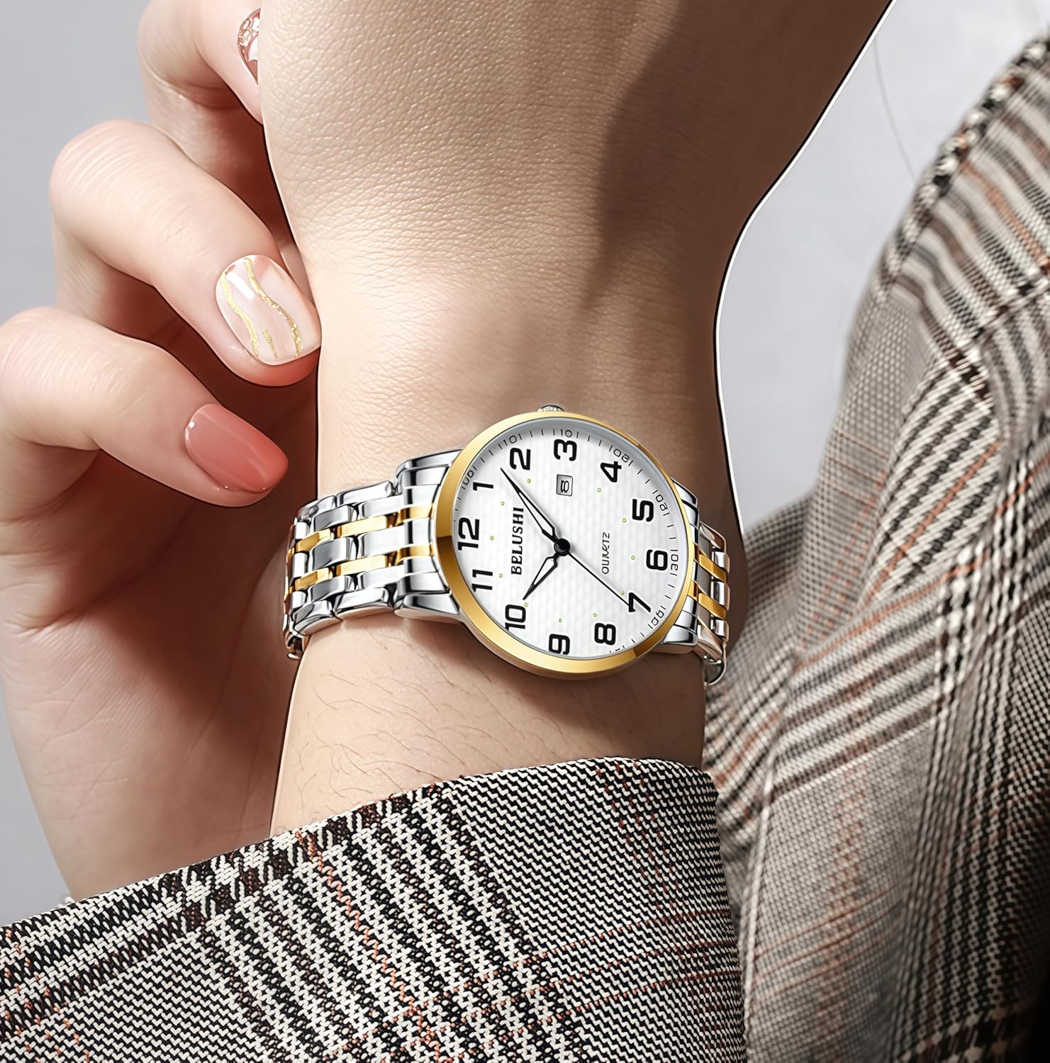 Gosasa Easy-to-Read Quartz Watch for Seniors, Large Numerals, Calendar, 30m Water Resistance, Luminous,Women's Men's Stainless Steel Wrist Watch