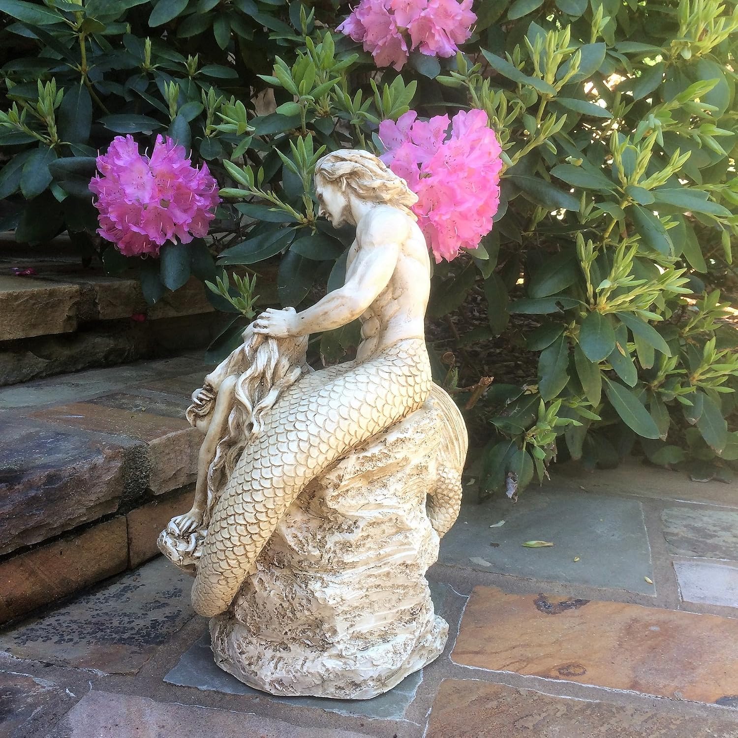homestyles 18 in. Sexy Merman & Mermaid Nautical Garden Beach Pool Statue in Beautiful Antique White Finish