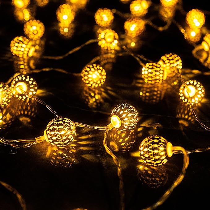 Dazzle Bright Diwali String Lights, 50 LED 16 FT Battery Powered Moroccan Golden Globe with 8 Modes