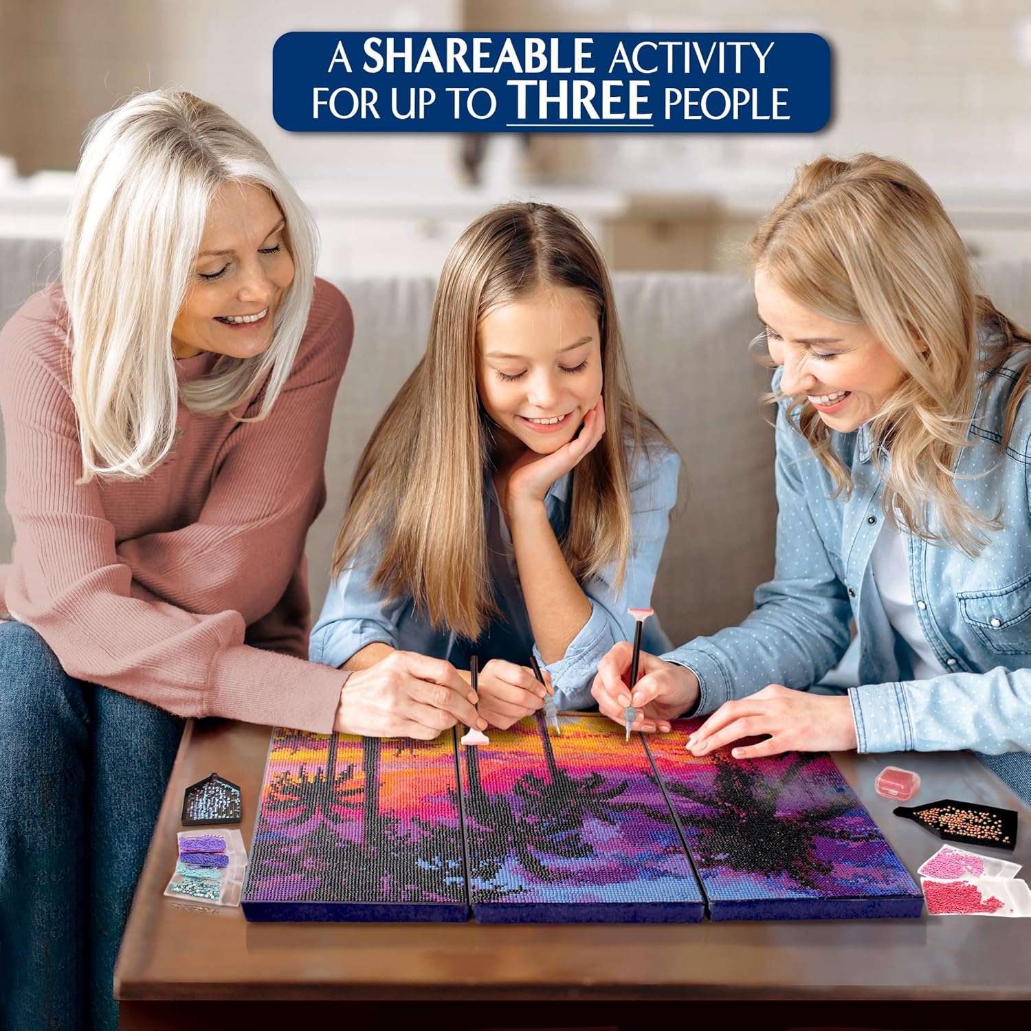 ArtSkills Diamond Painting Kit, Diamond Art on Framed Canvas with Gem Storage Case and Accessory Kit, Beach, 3 Stretched Canvas Panels, 14” x 7” Each