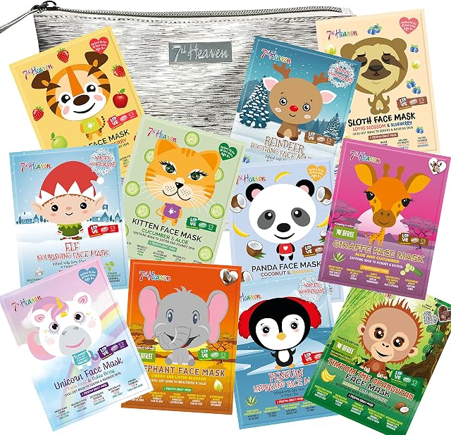 7th Heaven Children's Jumbo Pampering Gift Set - Contains 11 Fun and Festive Printed Sheet Face Masks to Hydrate and Moisturise Skin