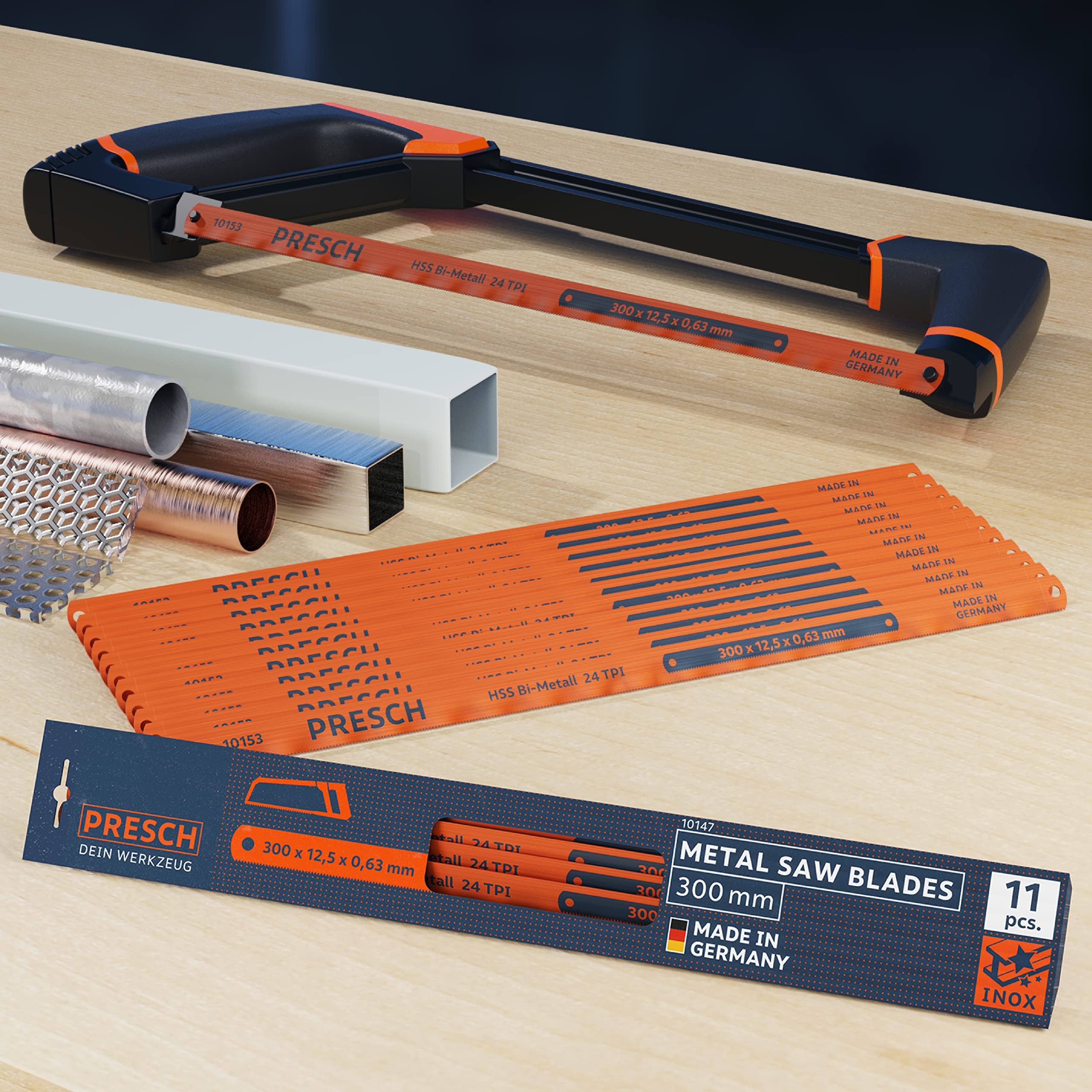 Presch Brzeszczoty do metalu 300mm 11 szt - Brzeszczoty do pił ręcznych 300 mm - Brzeszczot bimetalowy 300mm z krawędzią tnącą do metali nieżelaznych, stali nierdzewnych, tworzyw sztucznych