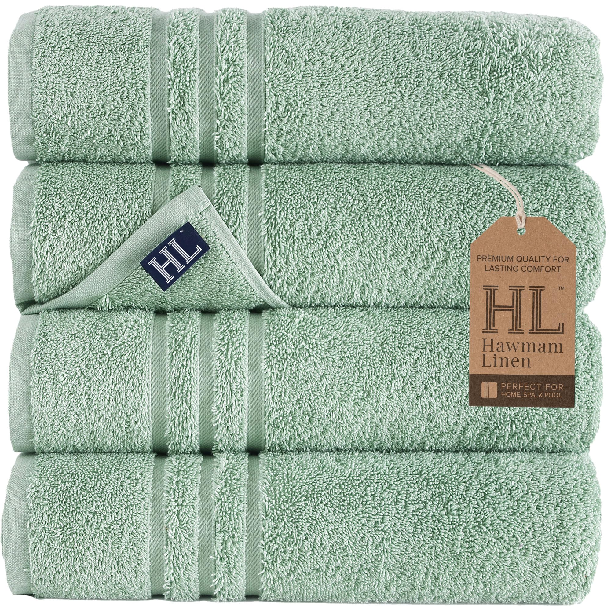 Hawmam Bath Linen Towels Large, Turkish Cotton, 4 Pack, Light Green