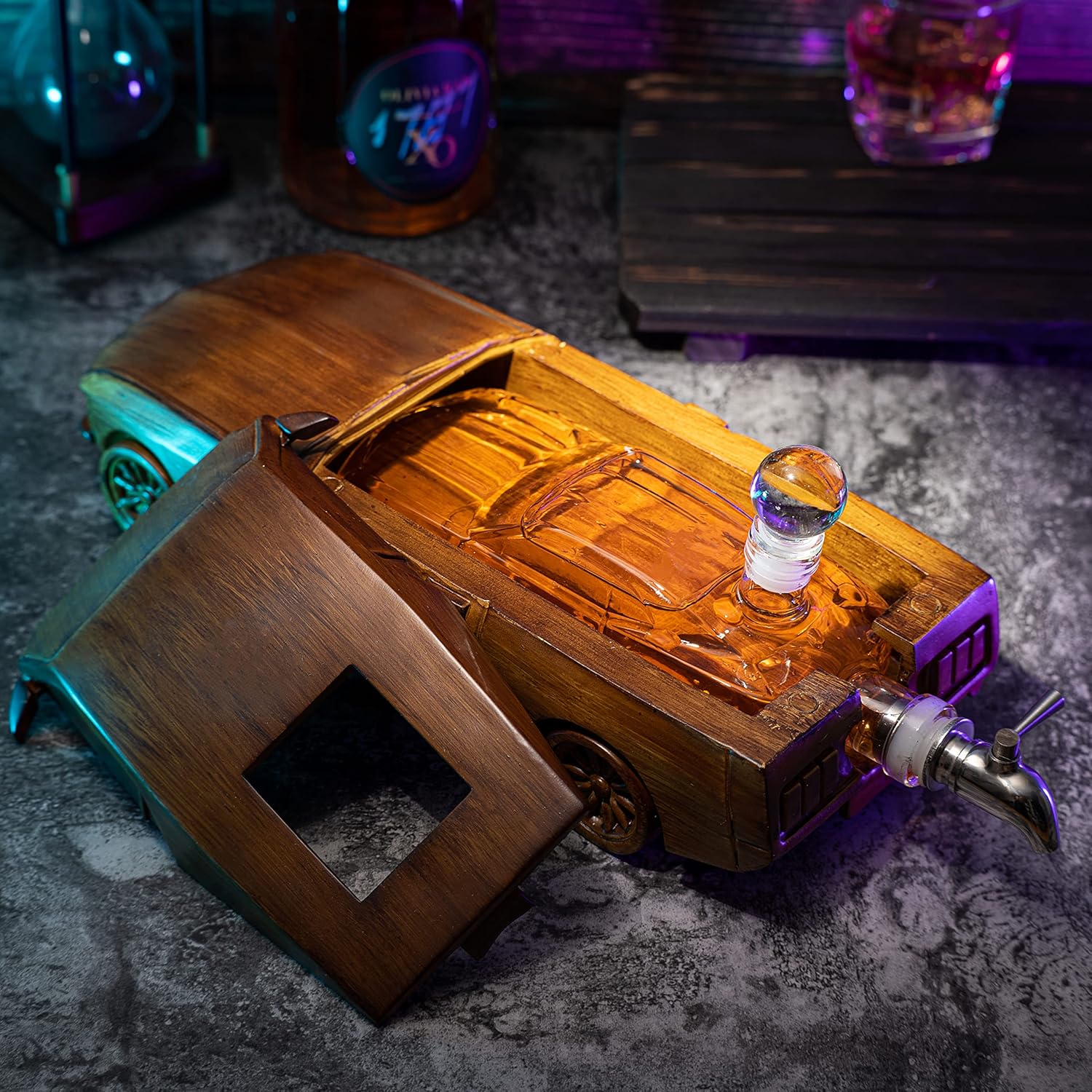 Car Whiskey & Wine Decanter Set 500ml - Very Large 13" L - Gifts, Wooden Car Mustang, Fastback Maisto Car Limited Edition, Great Bar Gift!