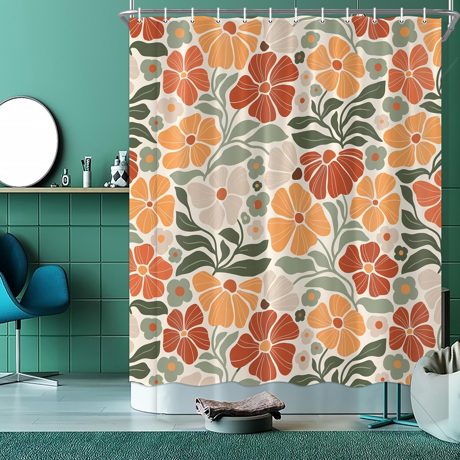 Boho Flower Floral Shower Curtain Cute Colorful Linen Abstract Shower Curtain Retro Flowers Plants Botanical Boho Shower Curtains for Bathroom with 12 Hooks 71X84 inch