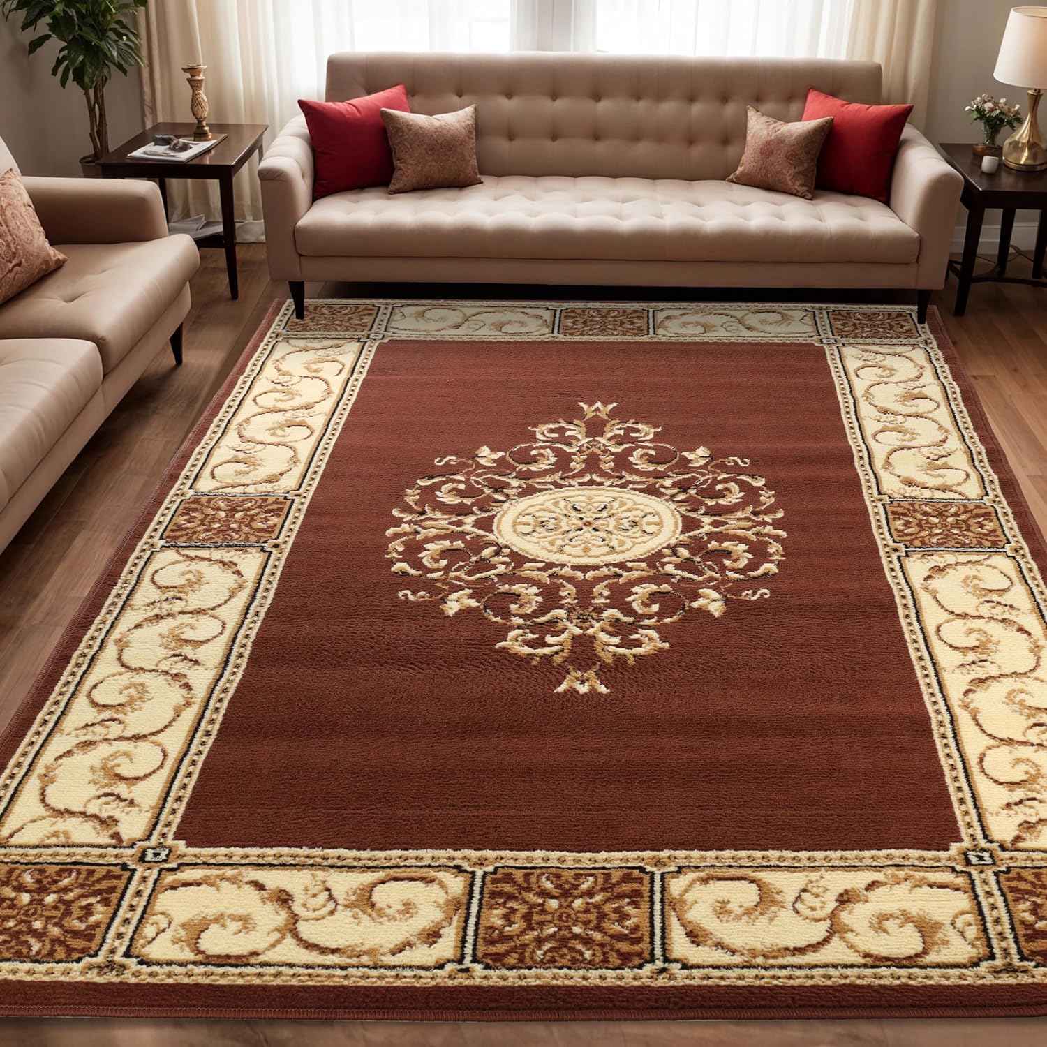 BNM Indoor Small Area Rug with Jute Backing Perfect for Entryway, Hallway, Living Room, Bedroom, Kitchen, Eye- Catching Vibrant Decor, Elegant Medallion Collection, 3' x 5', Toffee