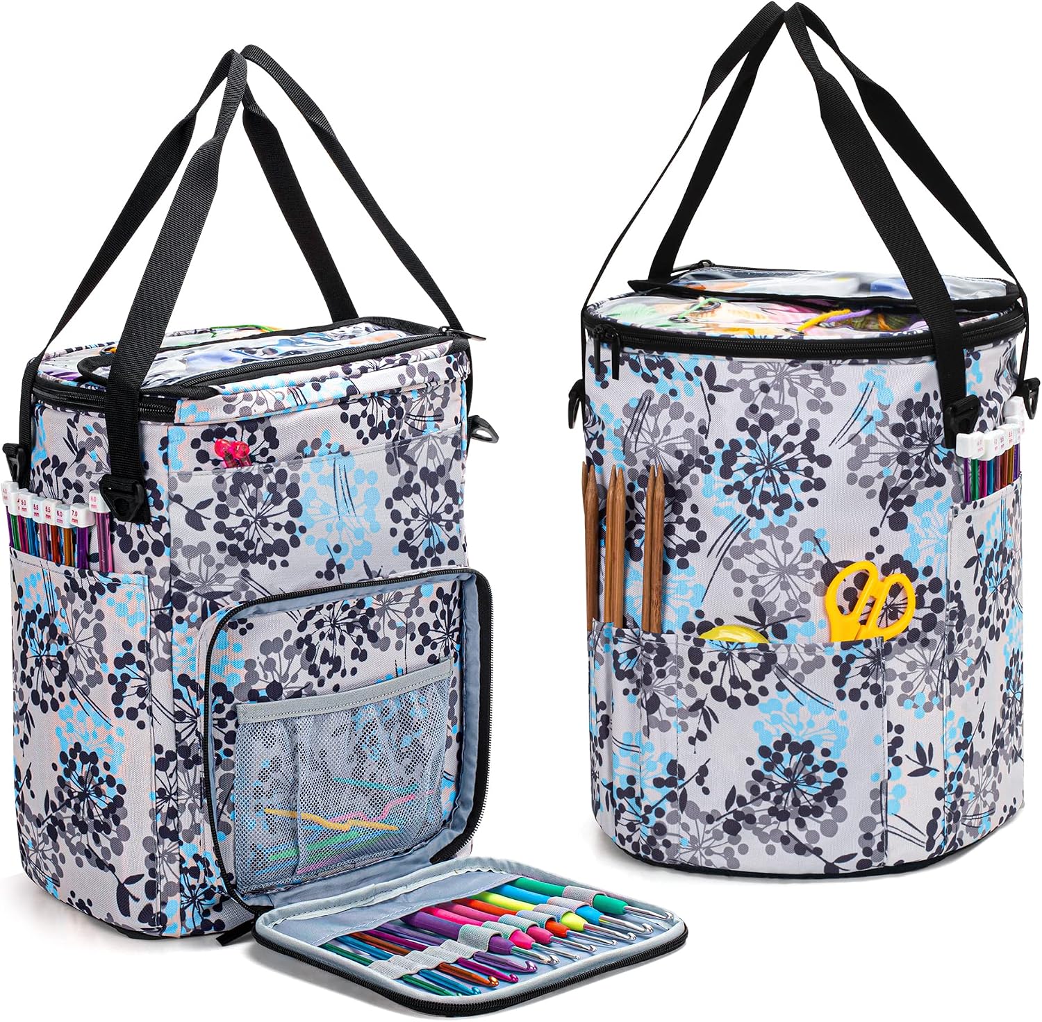 Teamoy Knitting Tote Bag, Yarn Storage Crochet Bag Organizer for Knitting Needles, Yarn, Unfinished Projects, Crochet Hooks, and Other Supplies, Dandelion