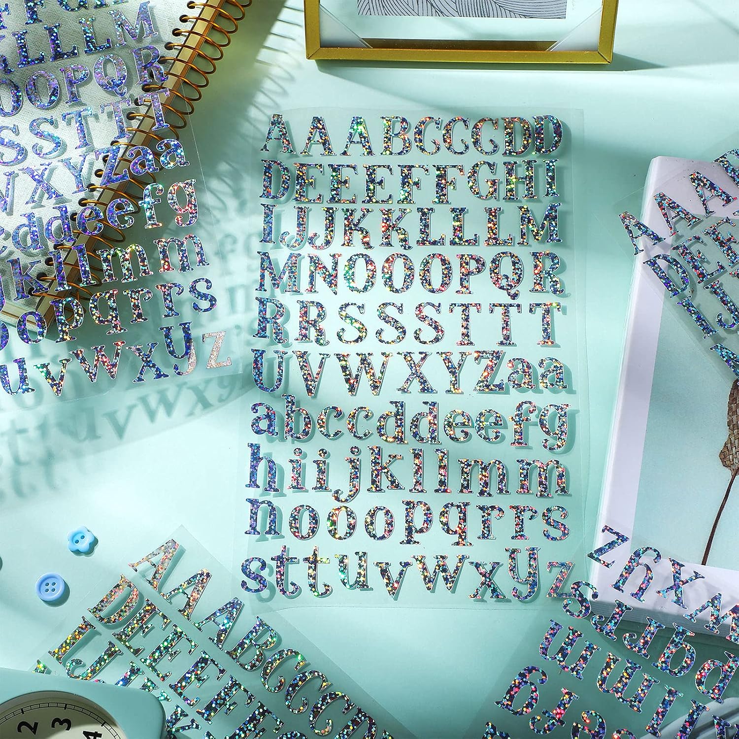 2160 Pieces 24 Sheets Holographic Laser Letter Stickers Glitter Self Adhesive Stickers Shiny Alphabet DIY Small Vinyl Decorative Decals for Cups Scrapbooks Window Door Cars(Sparkly Colors)