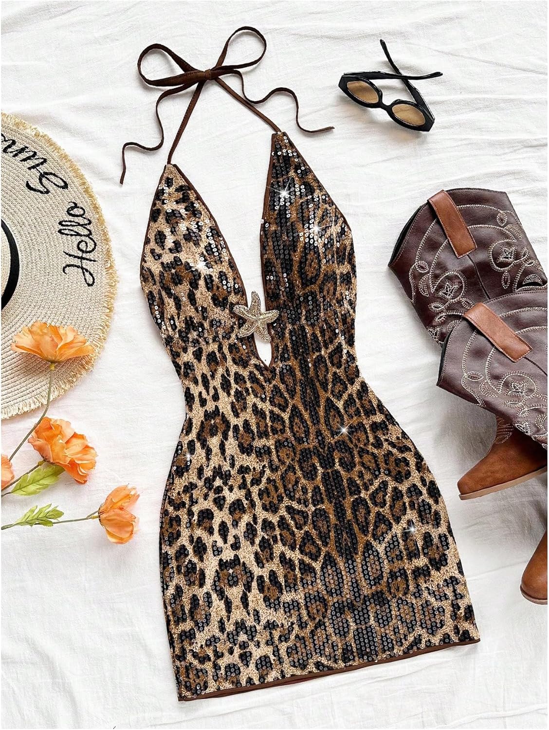 SHENHE Women's Sparkly Sequin Halter Dress Leopard Print Deep V Backless Sexy Bodycon Party Dress - Image 3