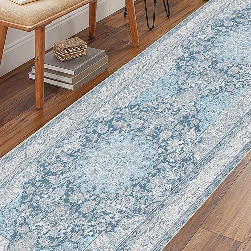 Miniatura 3 de Alfombra bohemia vintage de 2 x 6 pulgadas, lavable, antideslizante, tradicional, azul, para pasillo, cocina, entrada