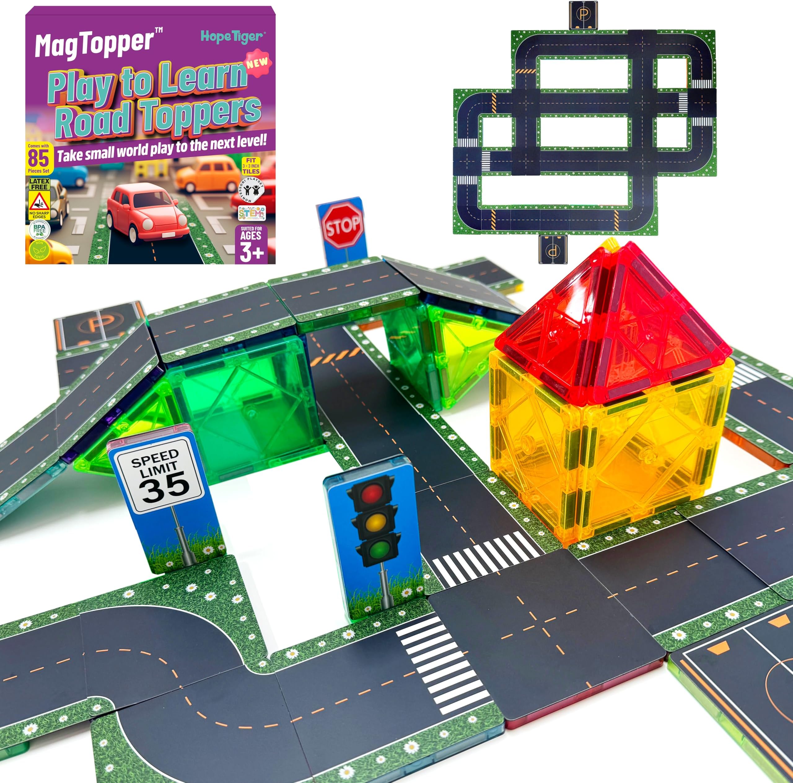 Magnetic Tile Road Toppers - 85-Piece Set Creative Construction Road Tiles Accessory Car Tracks - Learn Grow Activity City Traffic Network Playset Gift for Kids Toddlers Age 3 4 5 6 7 8