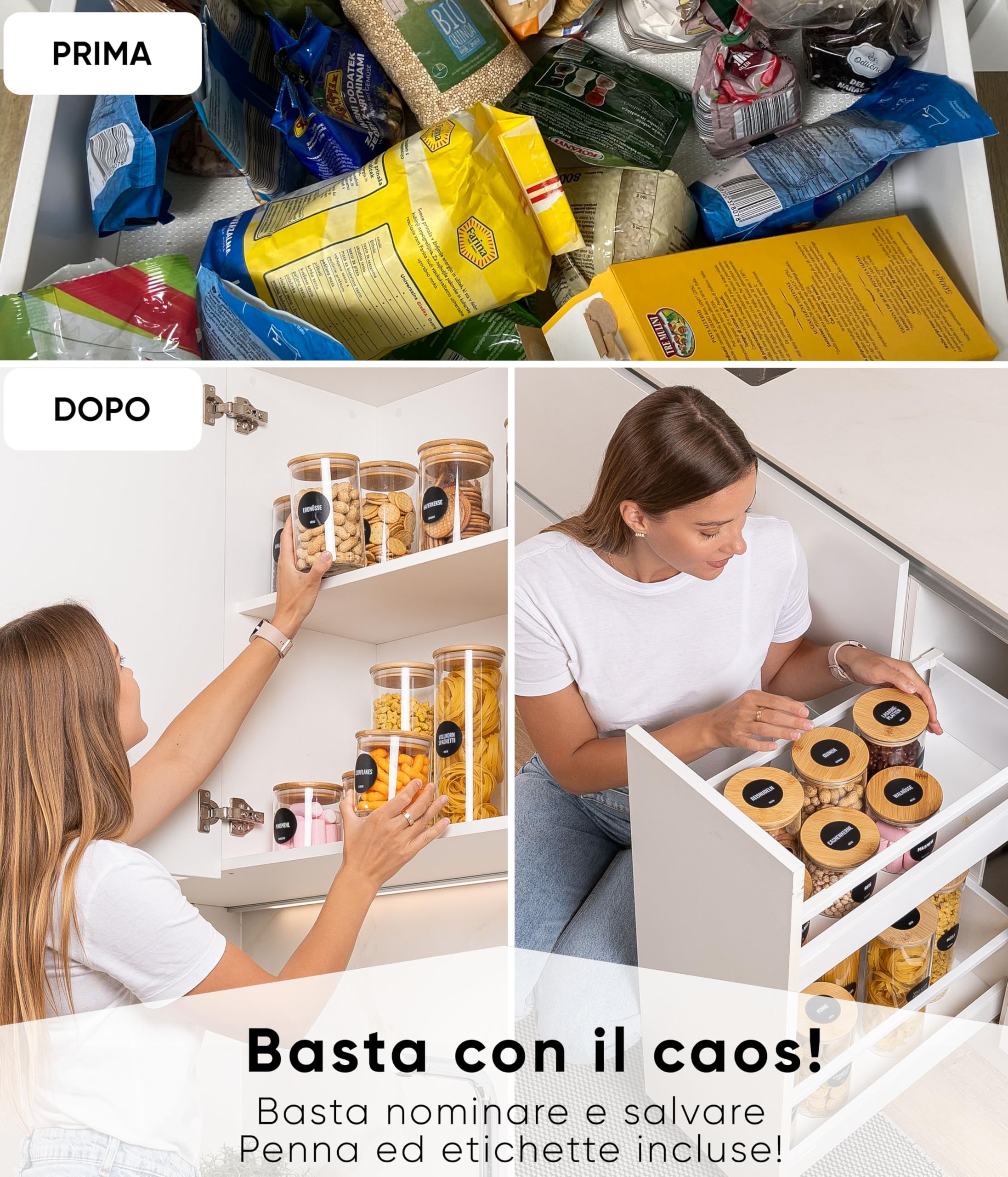 Deco haus Barattoli Vetro con Coperchio Legno Set di 8 [+ETICHETTE] - Contenitori Pasta Vetro - Contenitori Cucina - Porta pasta contenitore per Biscotti, Farina, Cereali, Spaghetti