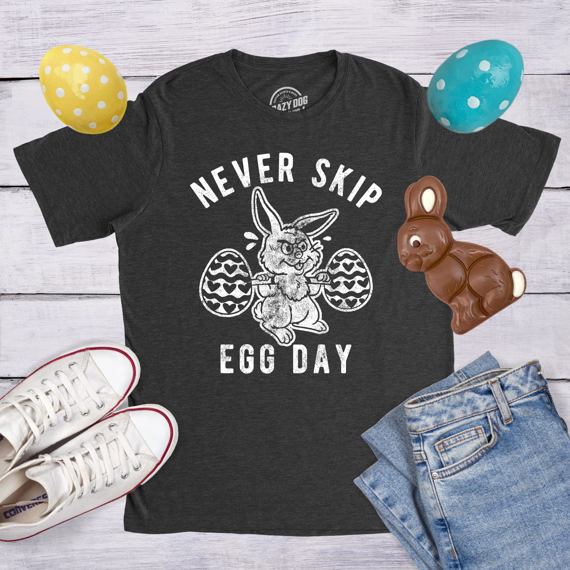 Mens Never Skip Egg Day T Shirt Funny Easter Bunny Work Out Joke Novelty Tee for Guys
