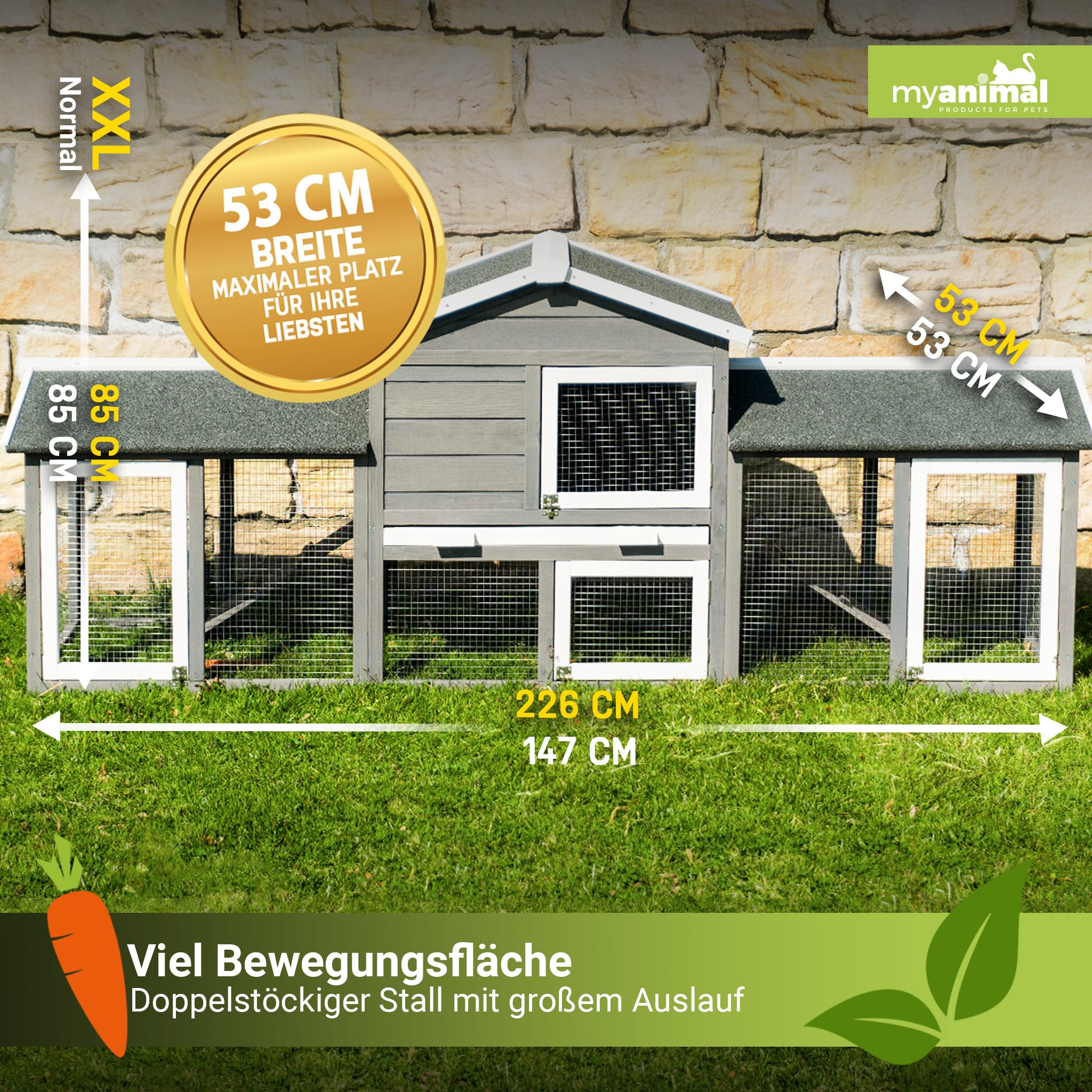 Miweba MyAnimal Hasenstall MH-03 | 226x53x85 cm - Kaninchenstall XXL mit Freilaufgehege - Hasenkäfig - Kleintierkäfig - Holz imprägniert - Kaninchenkäfig Winterfest - Käfig - Hasenhaus (Grau/Weiß)