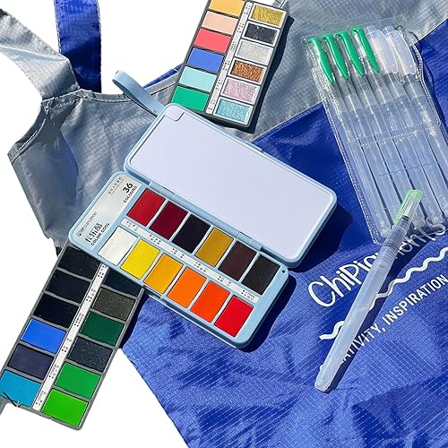 ChiPigments Juego de 36 pinturas de acuarela, kit de viaje de bolsillo con 7 cepillos de agua y mochila plegable adicional para arte vibrante sobre