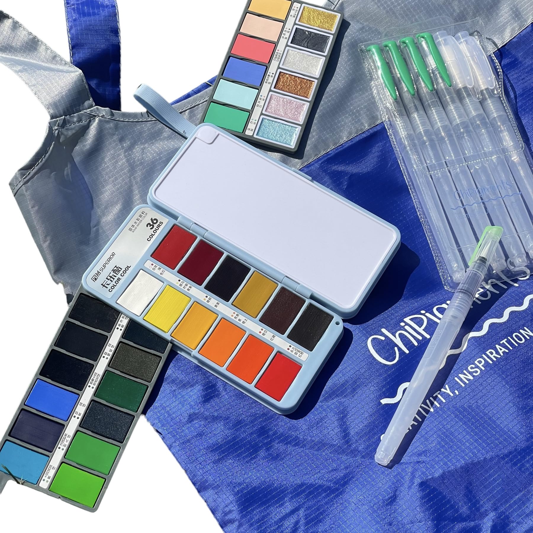 ChiPigments *Set of 36 * Professional Watercolor Pocket Travel Kit - 36 Colors, 7 Water Brushes & Foldable Tote Backpack : Hobbies