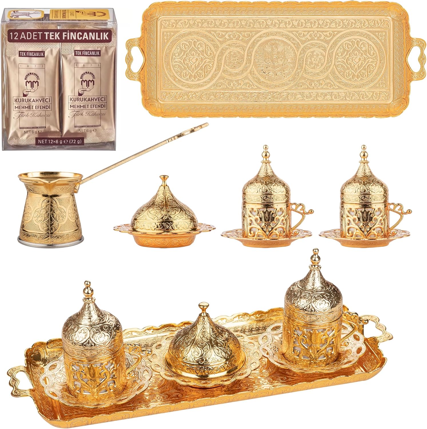 Alisveristime Premium Turkish Coffee Set - 12-Person Turkish Coffee, Cezve, 2-Person Cups, Delight Bowl, and Tray (4 Colors) (Gold) - Image 2
