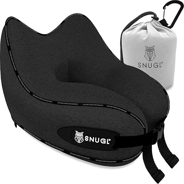 SNUGL Travel Pillow - Premium Memory Foam Neck Rest Cushion - Head, Neck & Chin Support for Airplane, Train or Car - Carry Bag with Clip Included - Flight and Travel Essentials (Jet Black - Regular)