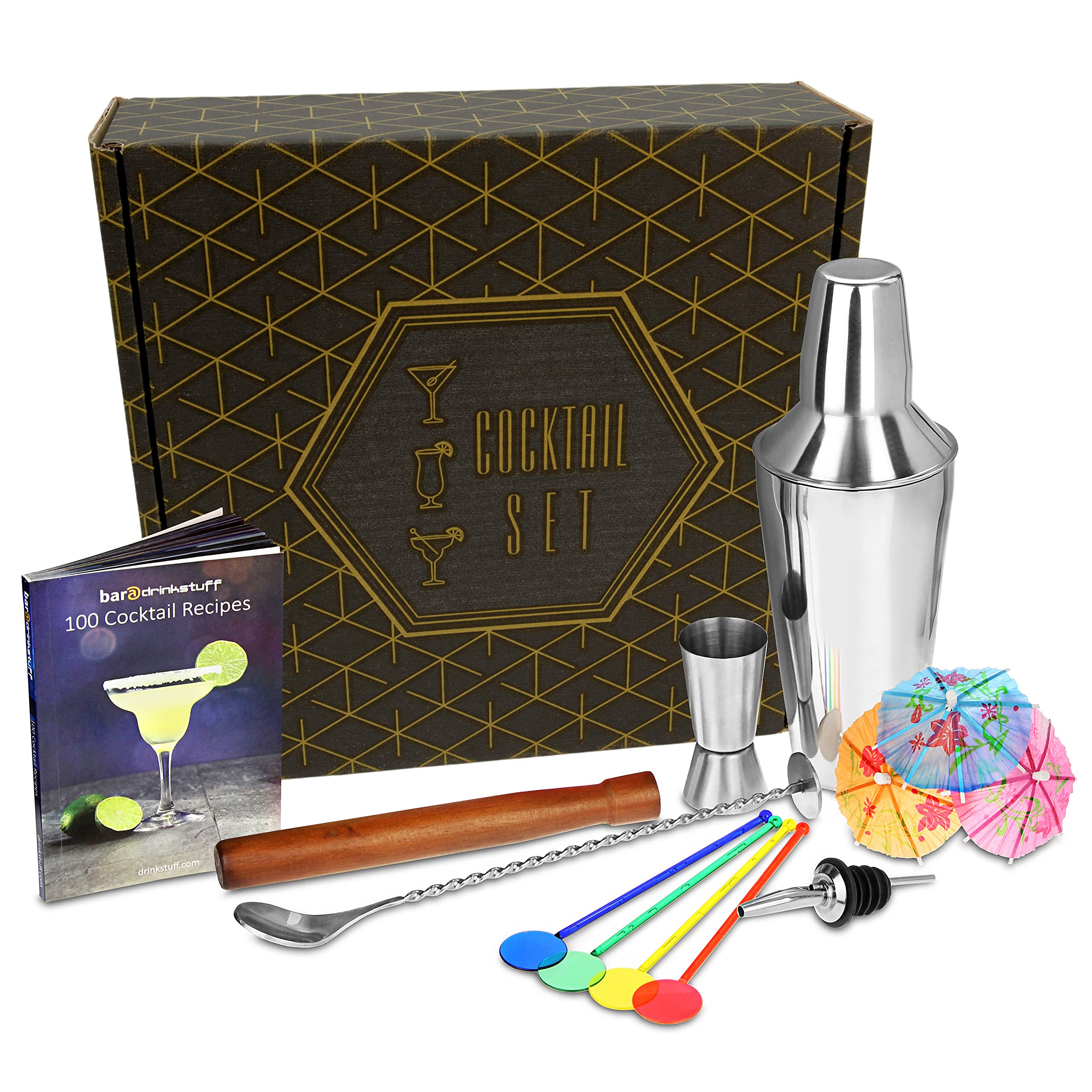 Bar@Drinkstuff Drinkstuff Cocktail Set With Cocktail Shaker | Includes Cocktail Book, Mixing Spoon, Jigger Measure, Pourer, Muddler, 24X Swizzle Stick Stirrers, 100X Cocktail Umbrellas | Cocktail Making