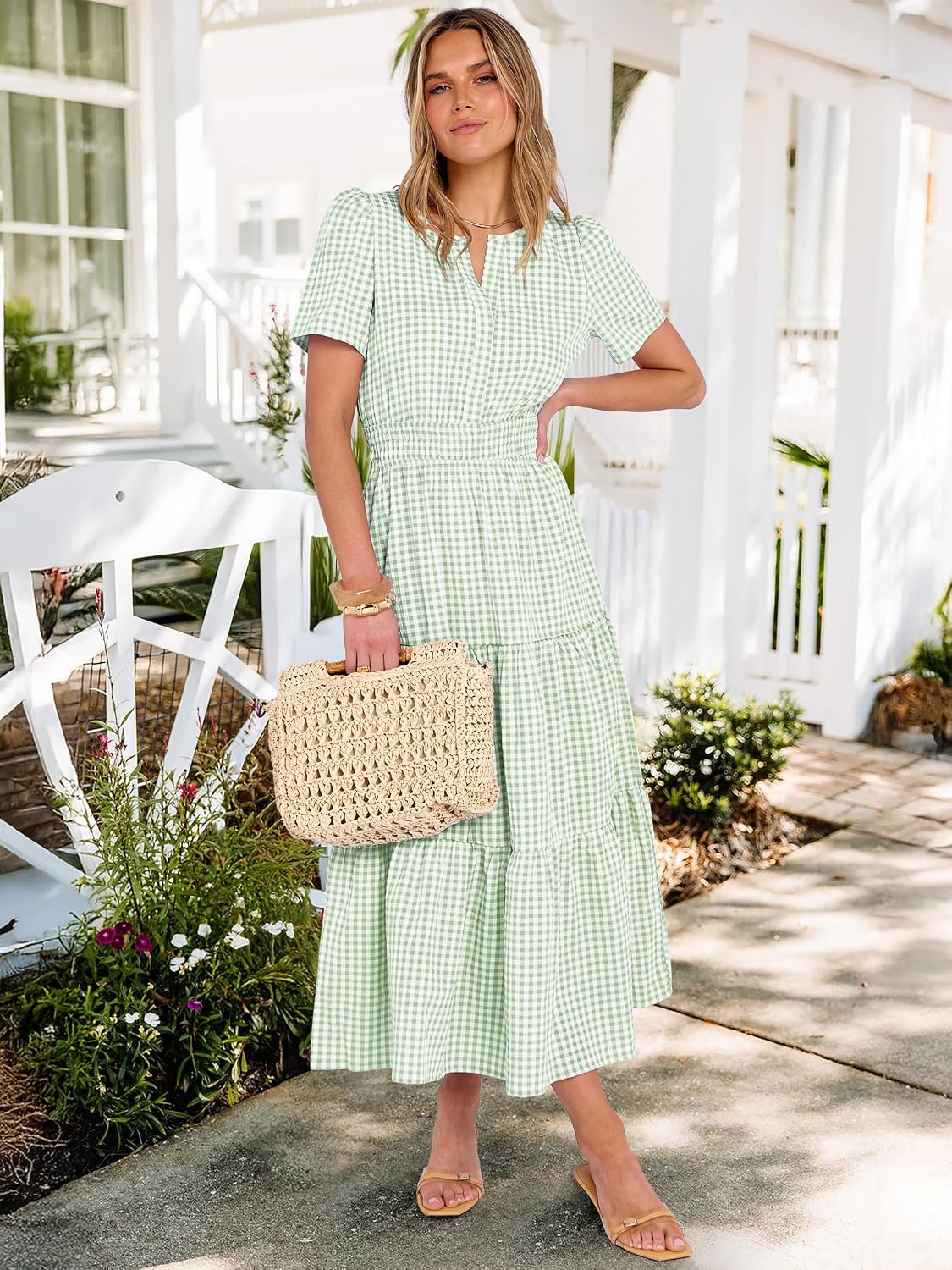 Caracilia Womens Summer Maxi Dresses 2026 Spring Casual V Neck Short Sleeve Gingham Flowy A-Line Beach Vacation Party Dress