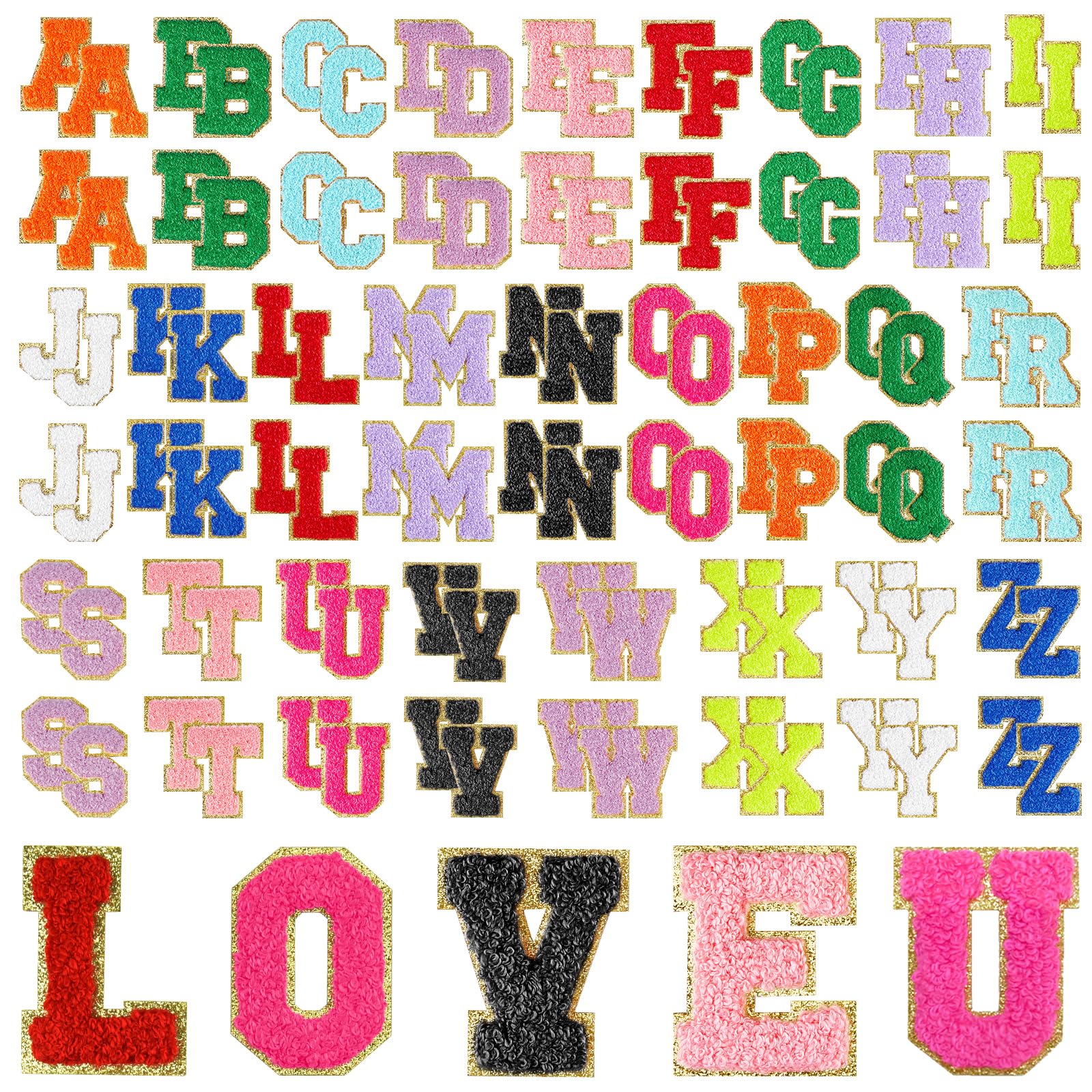Écussons chenille autocollants Lot de 104 lettres multicolores à repasser pour vêtements
