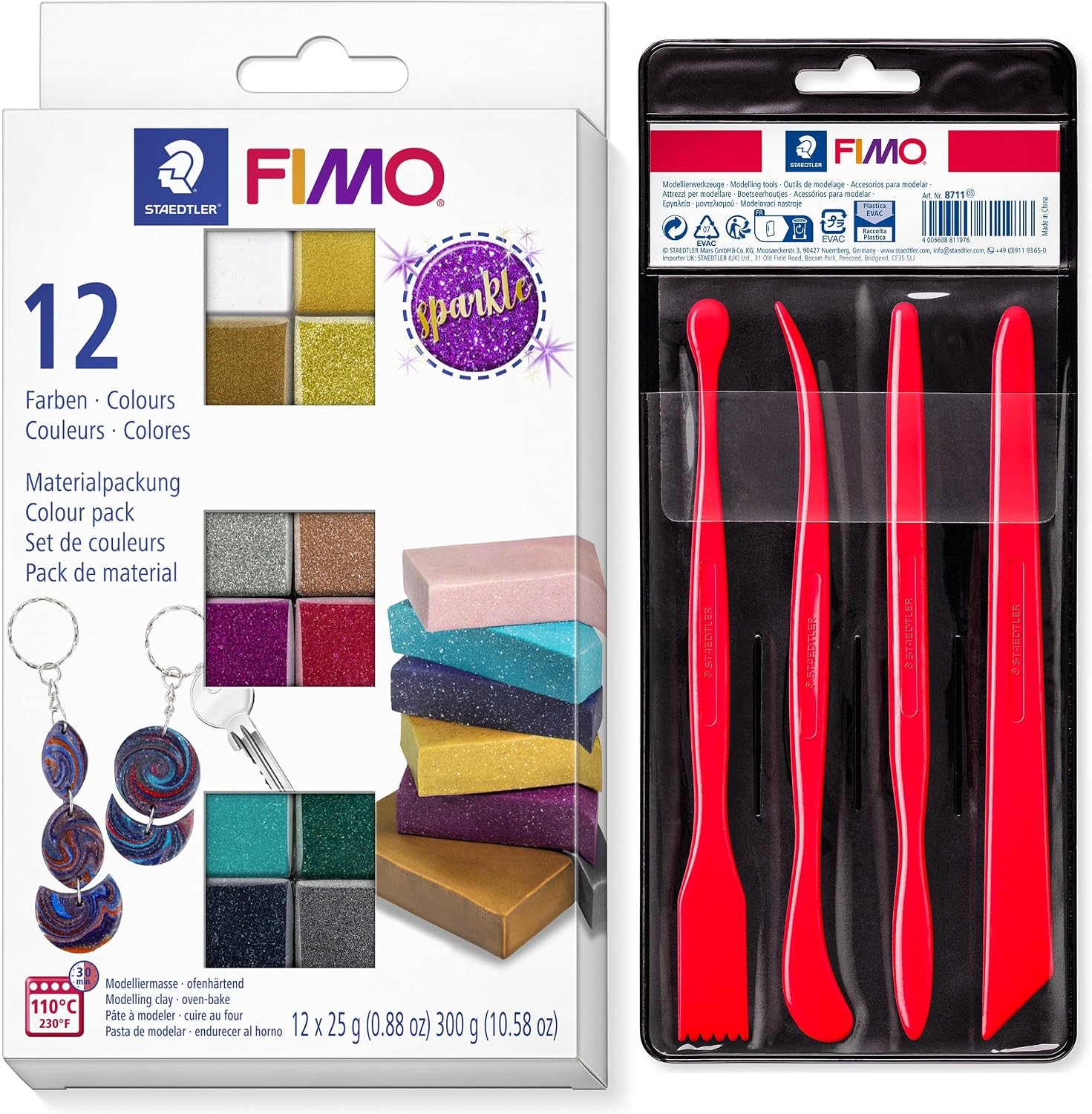 STAEDTLER Sparkle Colours FIMO Oven Hardening Modelling Clay Set - 12 Half Blocks of 25g and 4 Assorted Modelling Tools