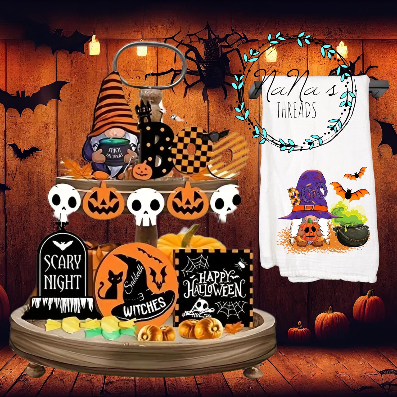 チャーミングノーム 不気味なハロウィーン ティアードトレイ 装飾セット 小麦粉袋タオル付き ノーム ジャック・オ・ランタン ファーム