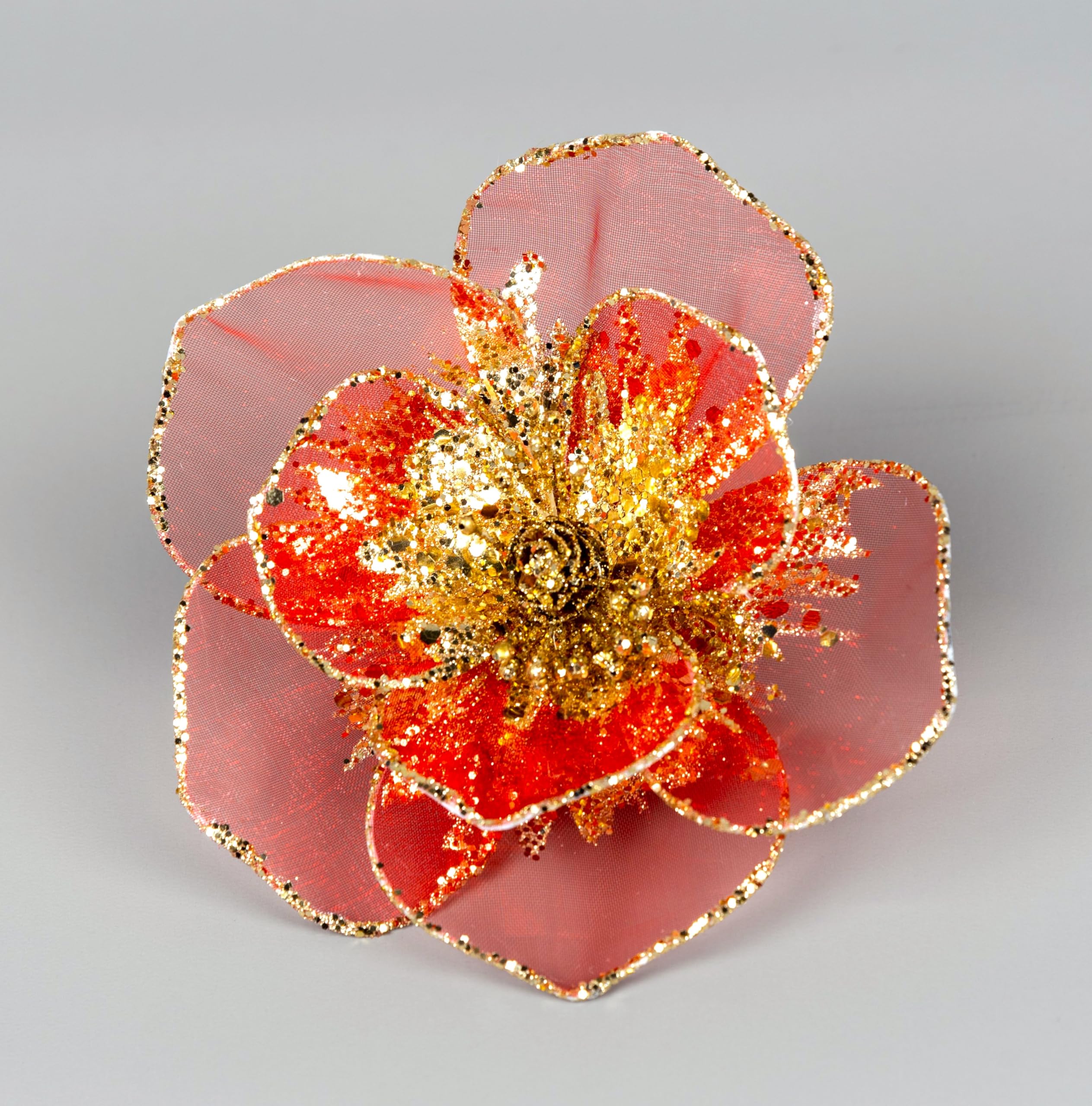 Shatchi Red 15Cm 6Pcs -15Cm Deluxe Christmas Glitter Poinsettia Red Gold Net Artificial Flowers With Metal Clips Christmas Tree Decorations Wedding New Year Ornaments