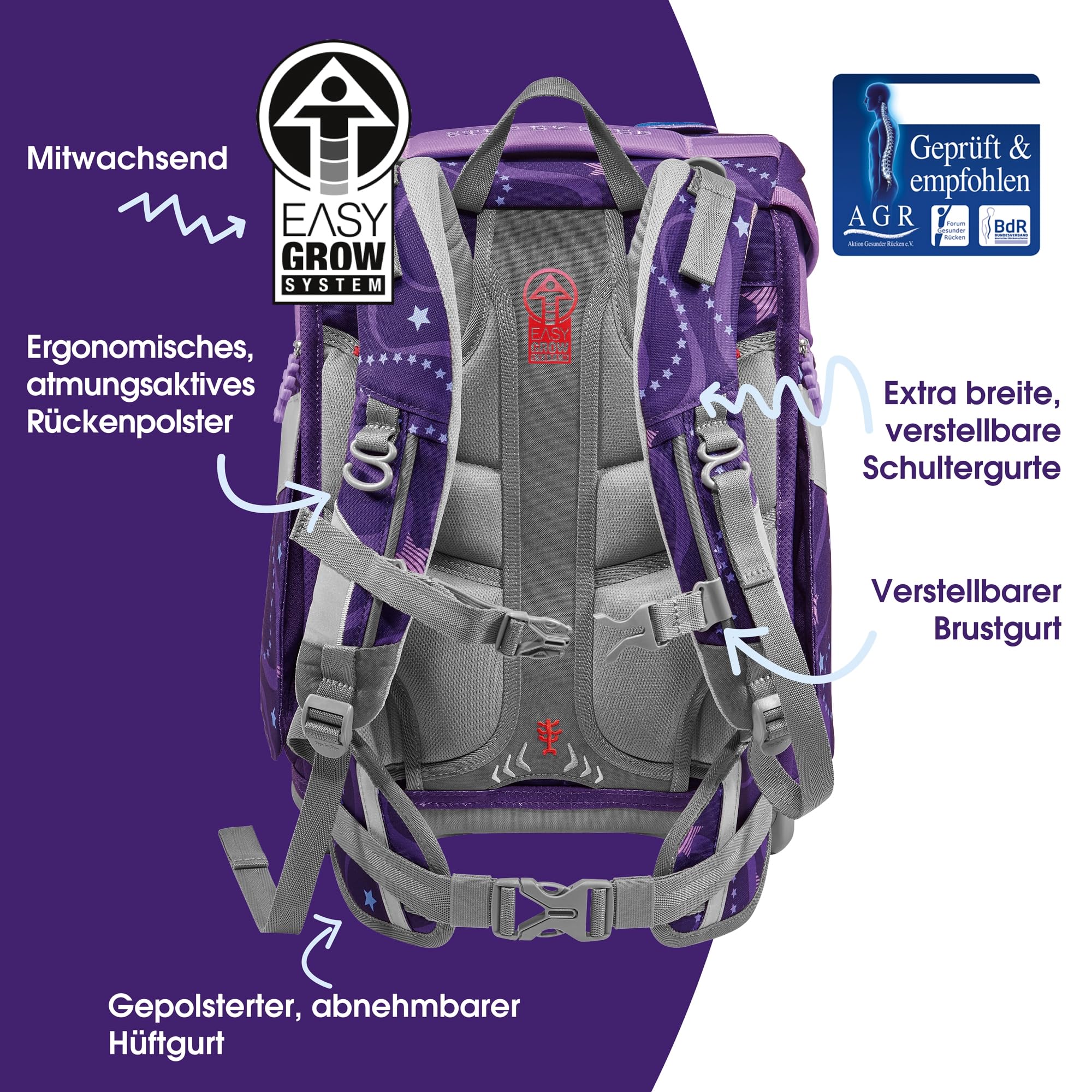 Step by Step Tornister szkolny Space, 5-częściowy, ergonomiczny tornister z odblaskami, regulacja wysokości z paskiem biodrowym, od 1. klasy, 20 l, Pegasus Emily - fioletowy, Rozmiar uniwersalny