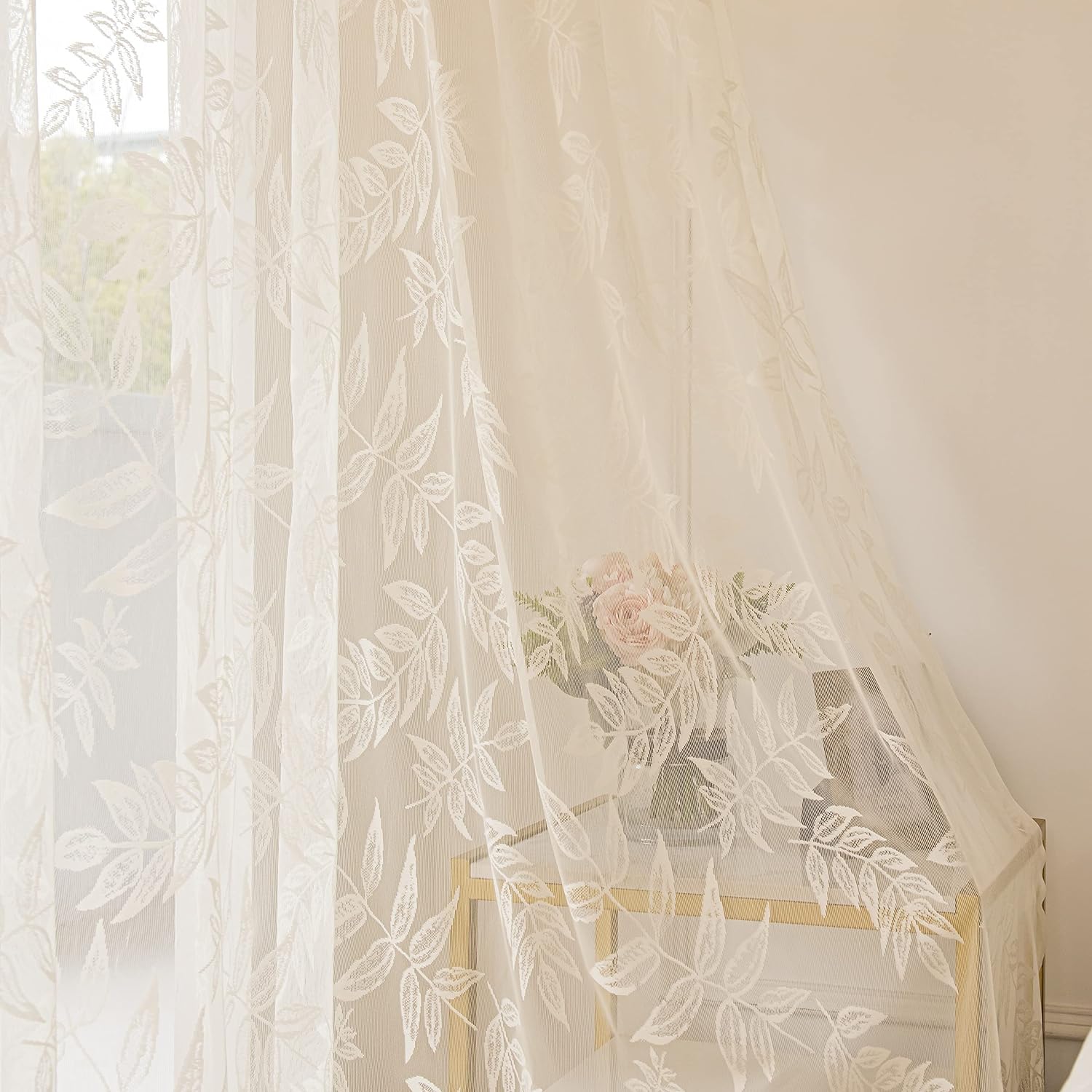 Sutuo Home Ivory Lace Curtains 84 Inches Long, Leaf Embroidery Window Sheer Drapes Pair Knitted, Rod Pocket Vintage Country Window Treatments Set of 2 Panels for Bedroom Living Room, 57" W x 84" L