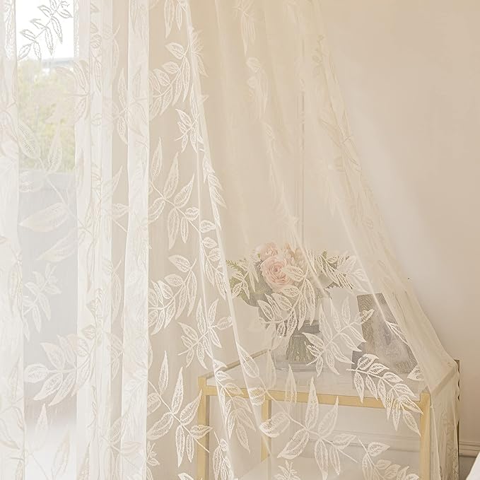 Sutuo Home Sheer Curtains 63 Inches Long 2 Panels Set, Luxury Gold Foil Print Metallic Bronzing Vine Leaves, Privacy Window Treatment Decor Drape Pair For Kitchen Living Room, 52" W X 63" L, Taupe - View #3