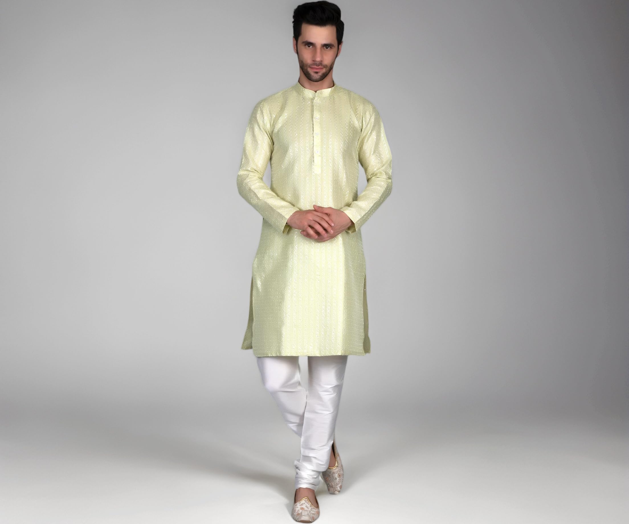 Ethluxis Men's Silk Blend Embroidered Kurta with White Churidar Set