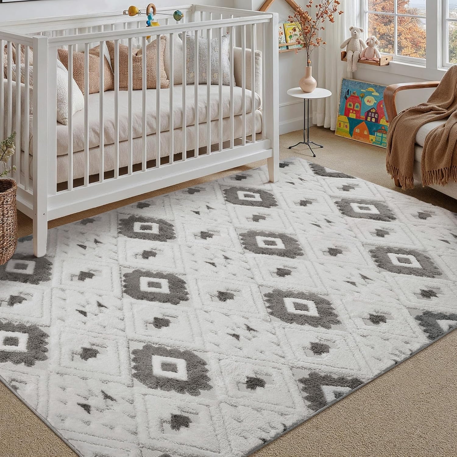 4x6 Grey and Ivory Shag Rug for Living Room Washable Checkered Area Rug Neutral Soft Non Shedding Non Slip Durable Geomtric Boho Carpet Bedroom Home Decor Dining Room Entrance Couch Dorm