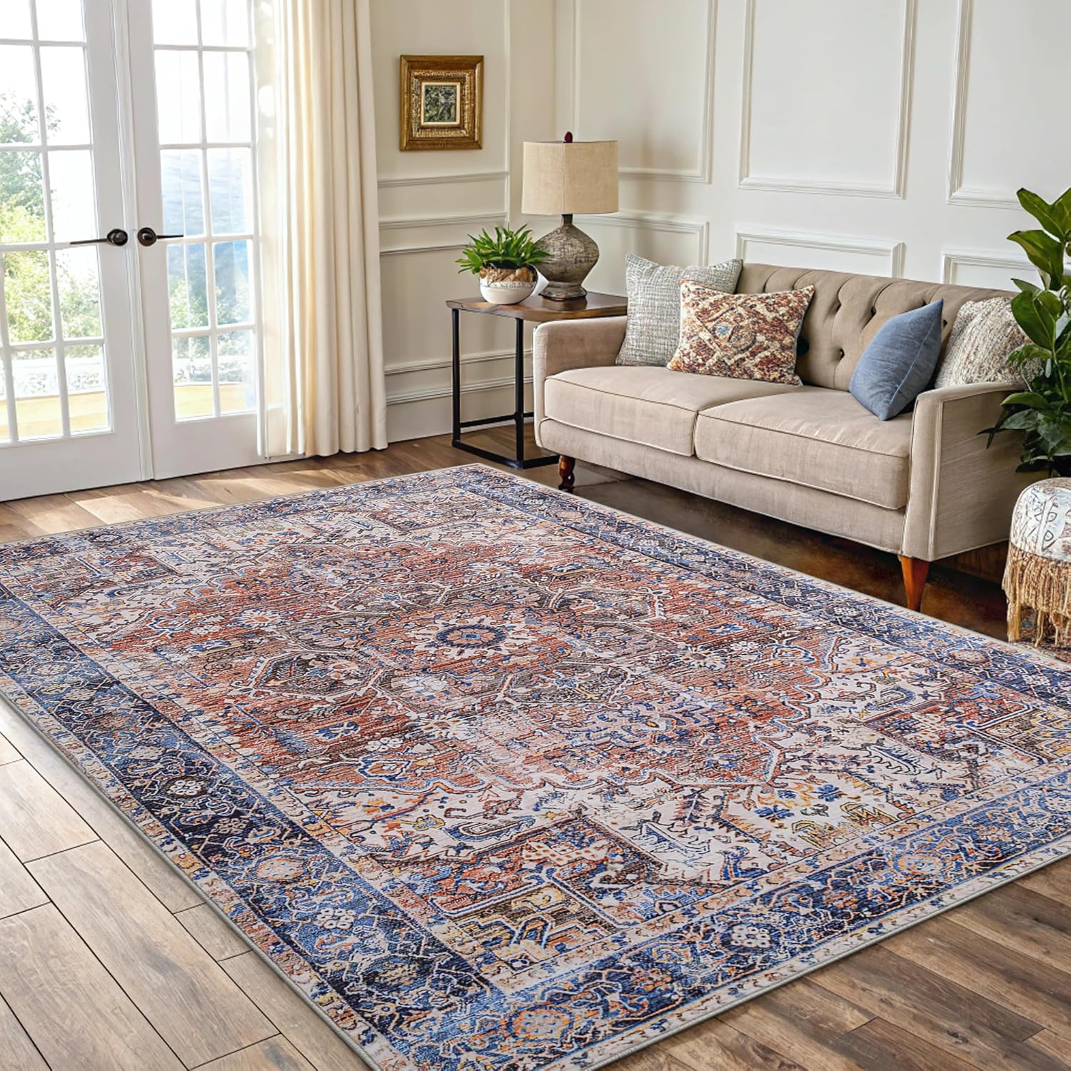 Smiry Area Rugs for Living Room Bedroom, Machine Washable 6x9 Vintage Rug, Soft Plush Bedside Floor Carpet for Farmhouse Nursery Kitchen Laundry Home Decor, Rust/Multi Rust/Multi Retro Complex 6' x 9'