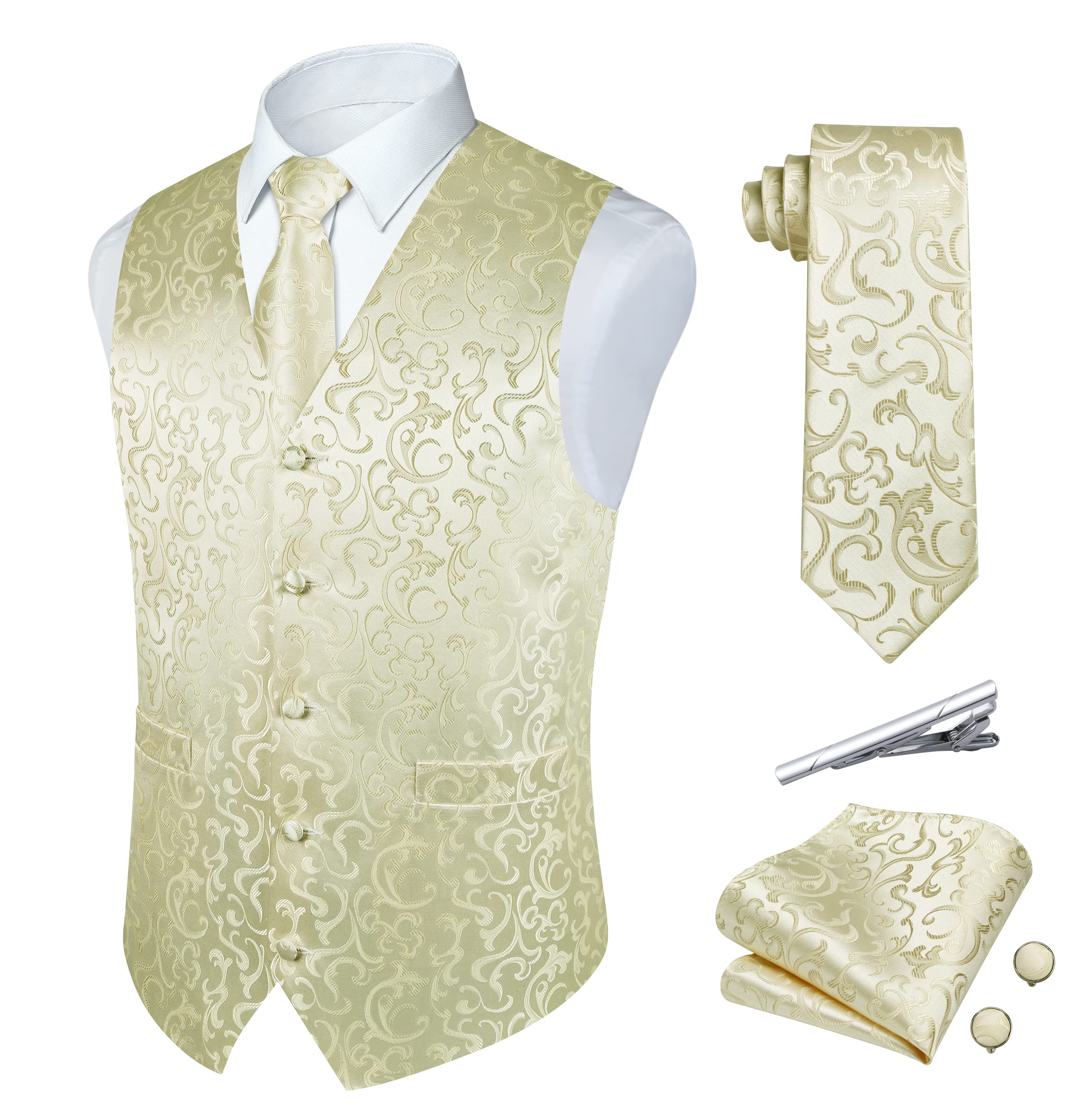 Gilet Homme Paisley Floral Jacquard Gilets Sans Manches Cravate Poche Carré Ensemble avec Boutons de Manchette et Pince à Cravate Ensemble pour Mariage Fête Costume d'affaires Ensemble Gilet