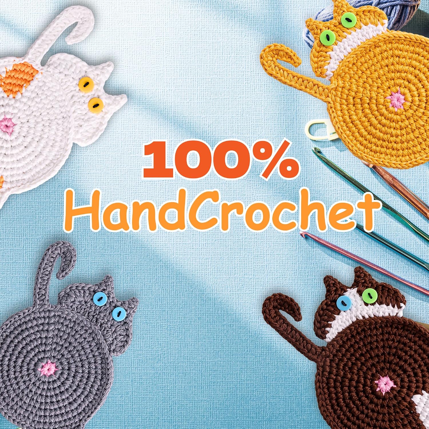 Cat Coasters by SamMi Crafts – 4-Pack Handmade Crochet Drink Mats – Cute Yarn Gift for Cat Lovers & Couples – Washable & Reusable