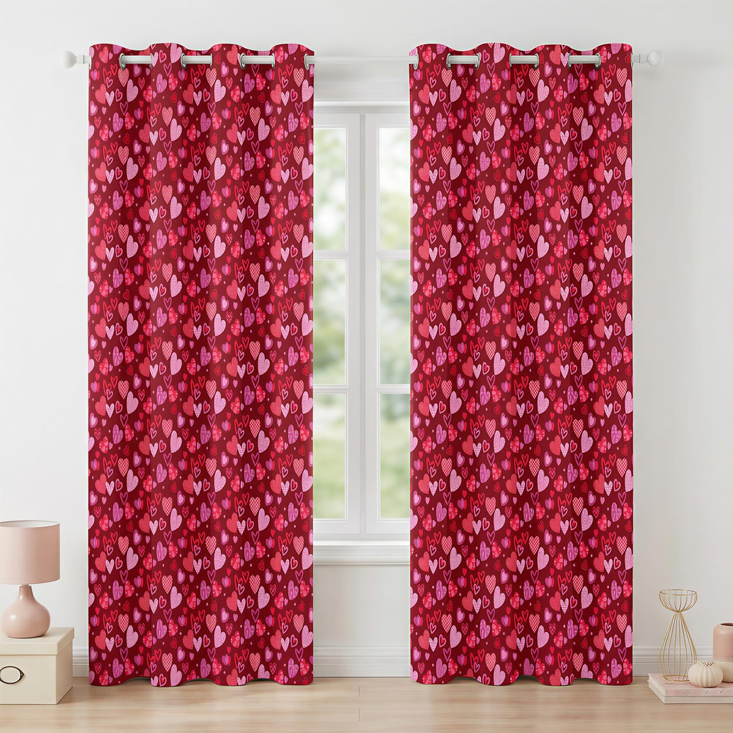 Heart Print Blackout Curtains - 100% Blackout, Thermal Insulate, Noise Reducing, Pink Curtains for Bedroom, Girls Room, Kids Room, 2 Panels, Each W52×L84