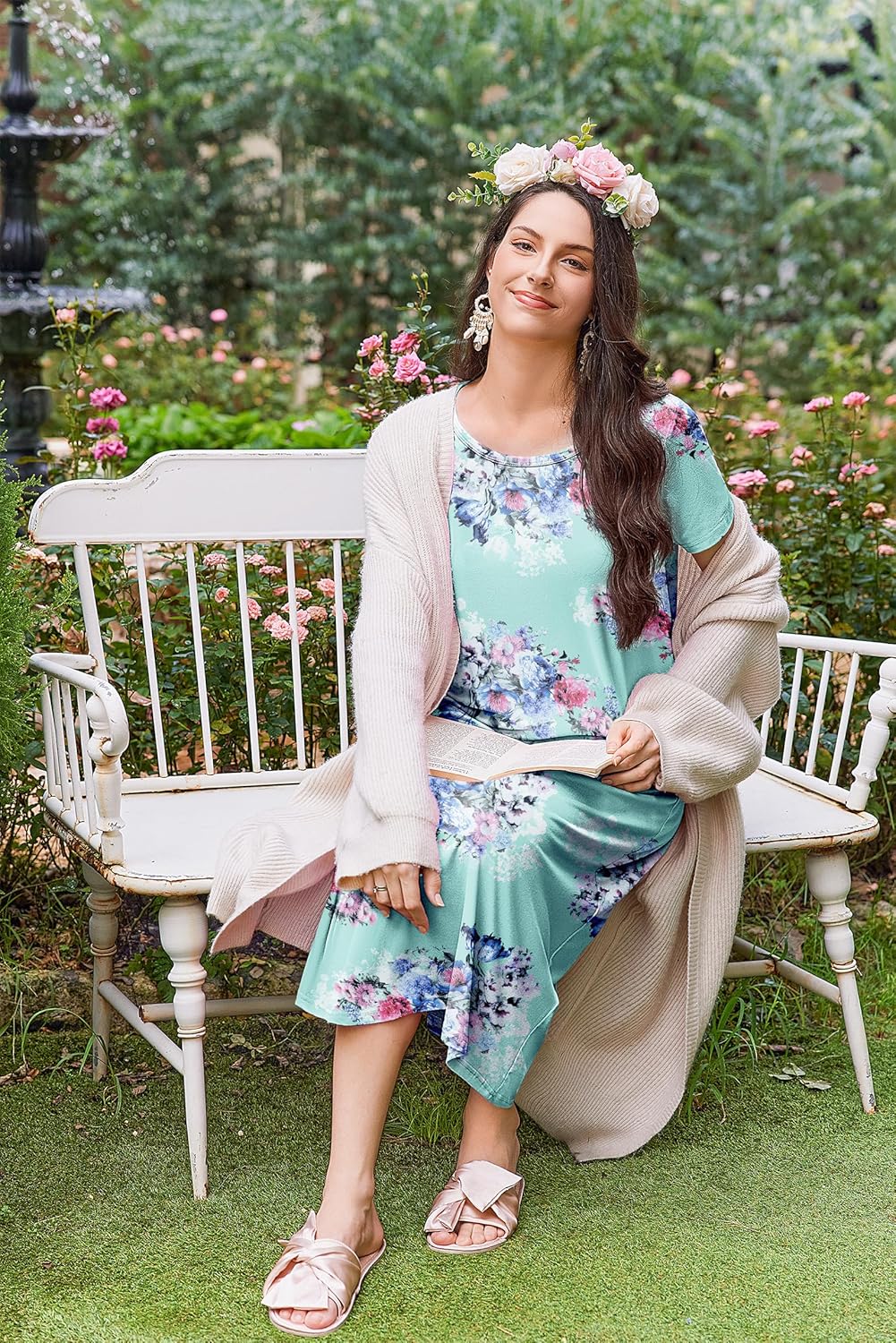 Ekouaer 3 Pack Long Nightgowns for Women Full Length Short Sleeve Nightshirt Soft Plus Size Sleepwear Casual Loungwear - Image 4