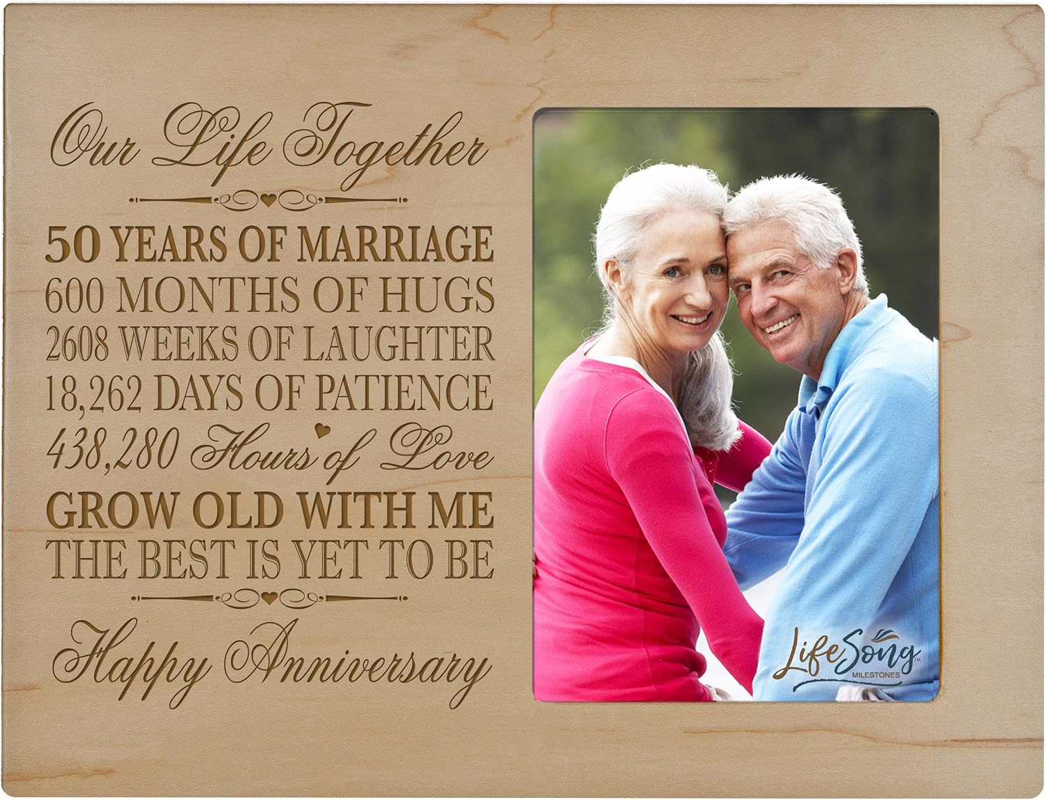 LifeSong Milestones 50th Year Wedding for Couple Custom Engraved Wedding Celebration Frame Holds 1 4x6 Photo 8" H X 10" W (Cherry)