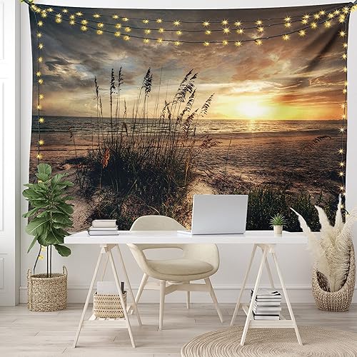 Miniatura 7 de Ambesonne Tapiz de playa, escena costera tranquila con horizonte en medio de la nada nublado puesta de sol imagen del océano, colgante de pared