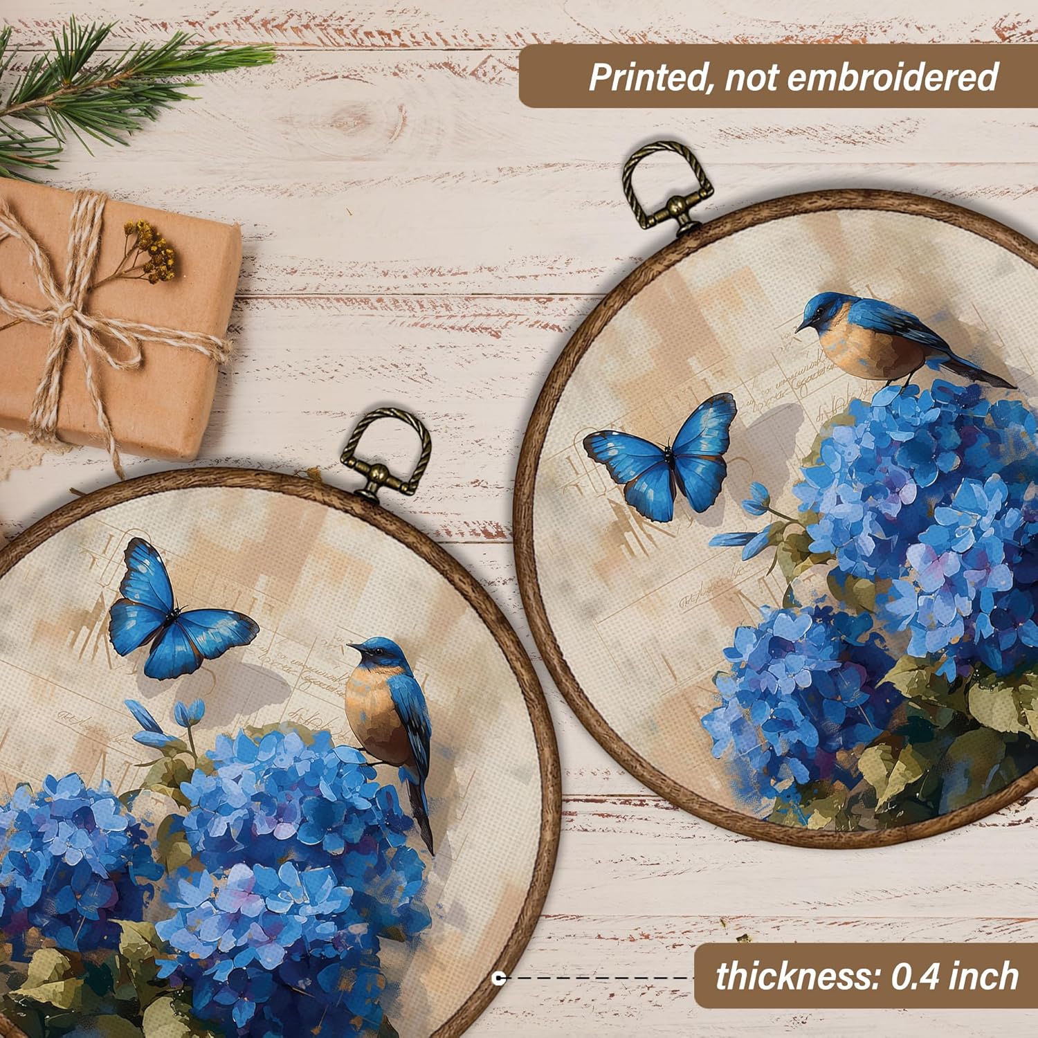 XBBMGG Vintage Blue Hydrangea Bird Wall Art, Earthy Floral Butterfly Round Wall Hanging Decor, Framhouse Framed Canvas Prints for Bathroom Kitchen Living Room Bedroom Decorations, 10x10inch Set of 2