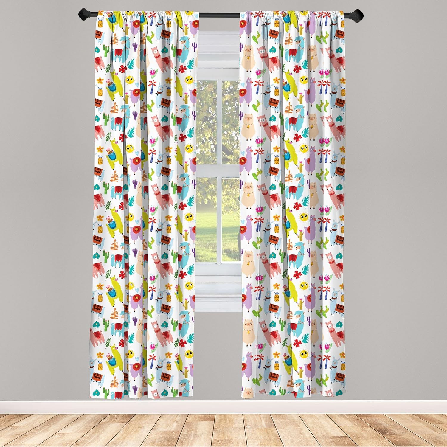 Ambesonne Animal Curtains, Playroom Pattern with Llama Alpaca Cactus and Leaves Design, Window Treatments 2 Panel Set for Living Room Bedroom, Pair of - 28" x 95", Purple Yellow