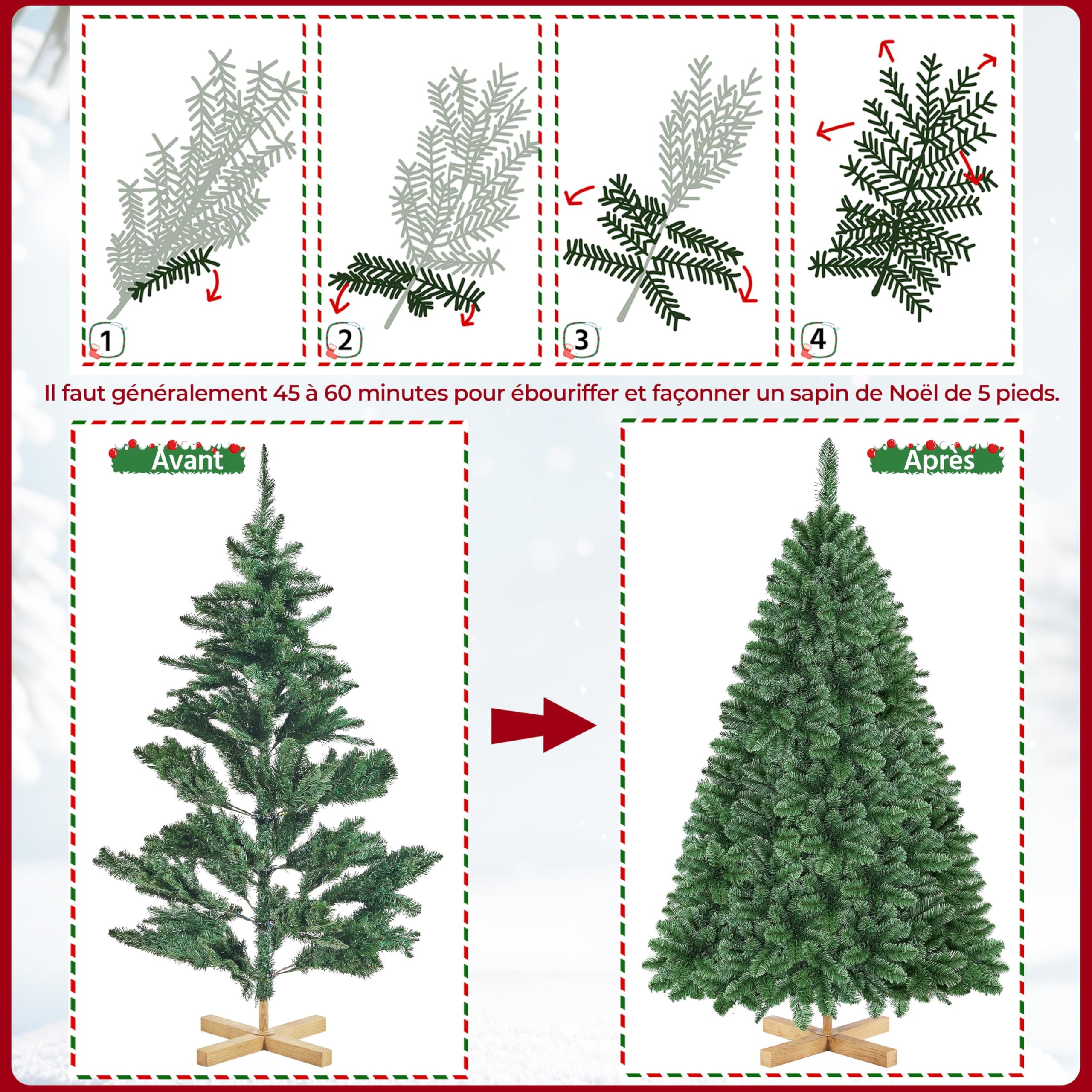 Yaheetech Sapin de Noël Artificiel 152 cm avec 437 Branches, Résistant au Feu, Support Métallique avec Veinures en Bois de Sapin Inclus, Décoration de Noël Fête
