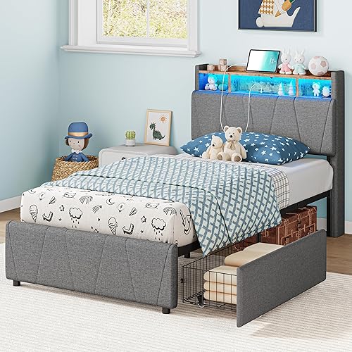 Miniatura 8 de LIKIMIO Marco de cama individual con 2 cajones de almacenamiento, estación de carga y luces LED, cama individual de plataforma tapizada con cabecera
