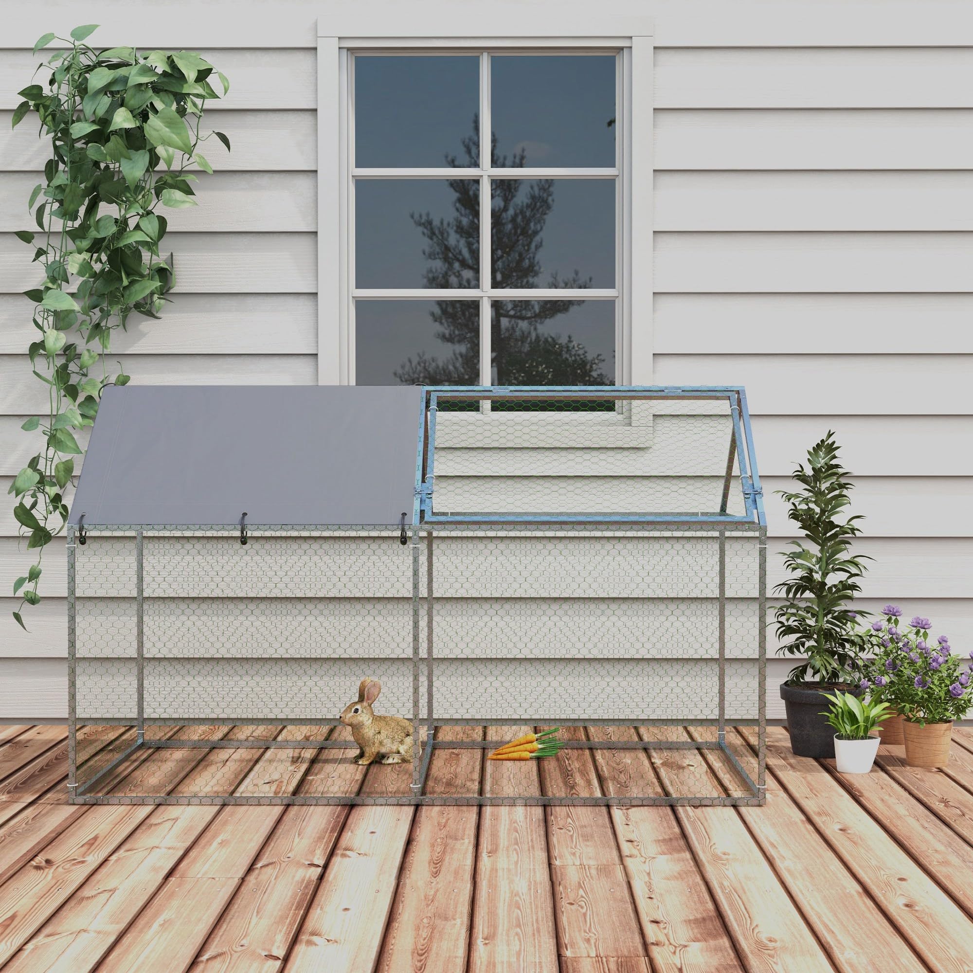 PawHut Jaula para Animales Pequeños Puerta Superior 198x100x120 cm Plata | Parque para Mascotas de Acero, 1 Tela Superior de Anti-UV, para Exterior Jardín