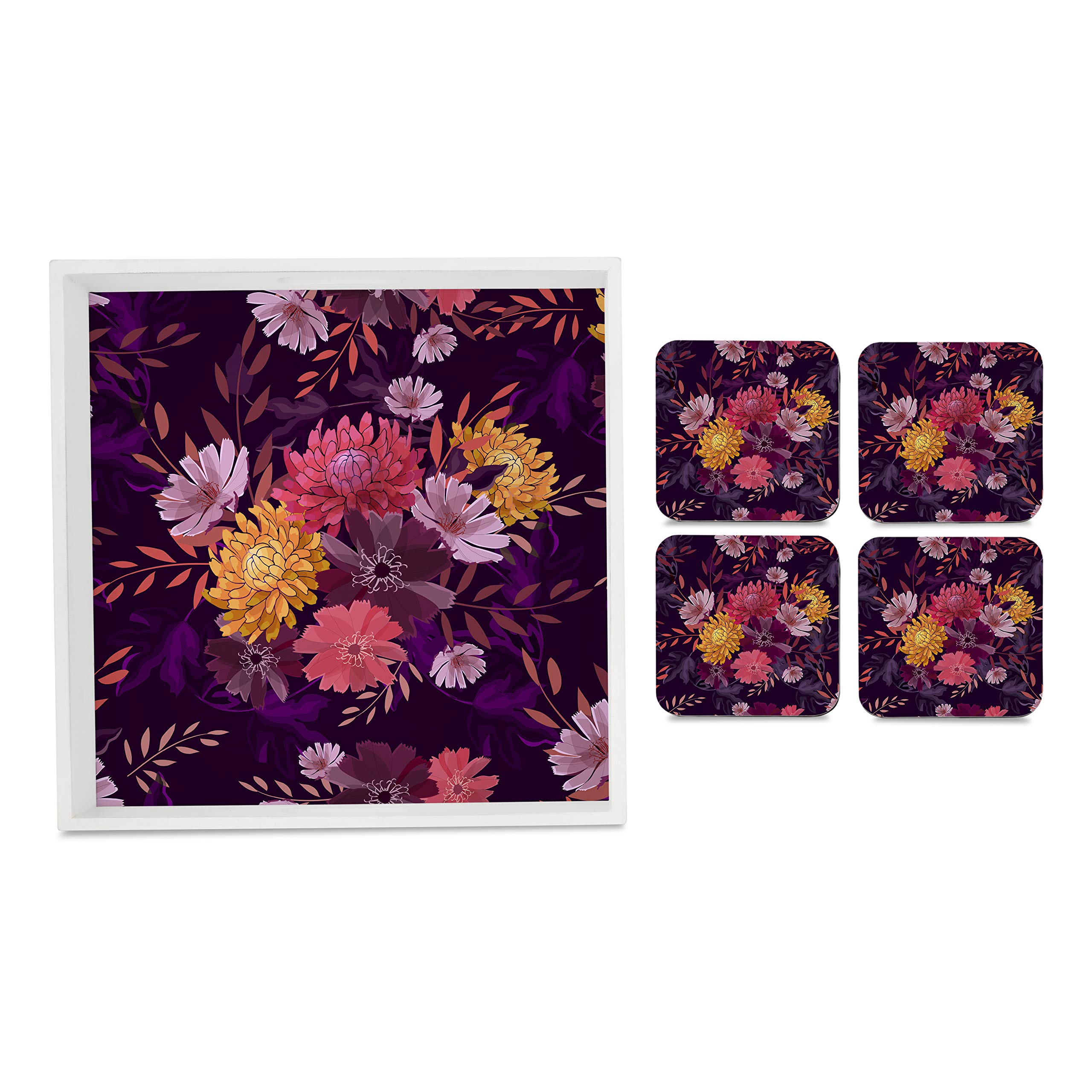 BRAHMA DESIGN Tray & Coaster Set Autumn Garden Design - Combo Offer. Kitchen, Dining, Serving & Desk Set of 1 Tray 12" x 12" and 4 Tabletop Square Drinks Coasters 3.75" x 3.75" Made in Wood