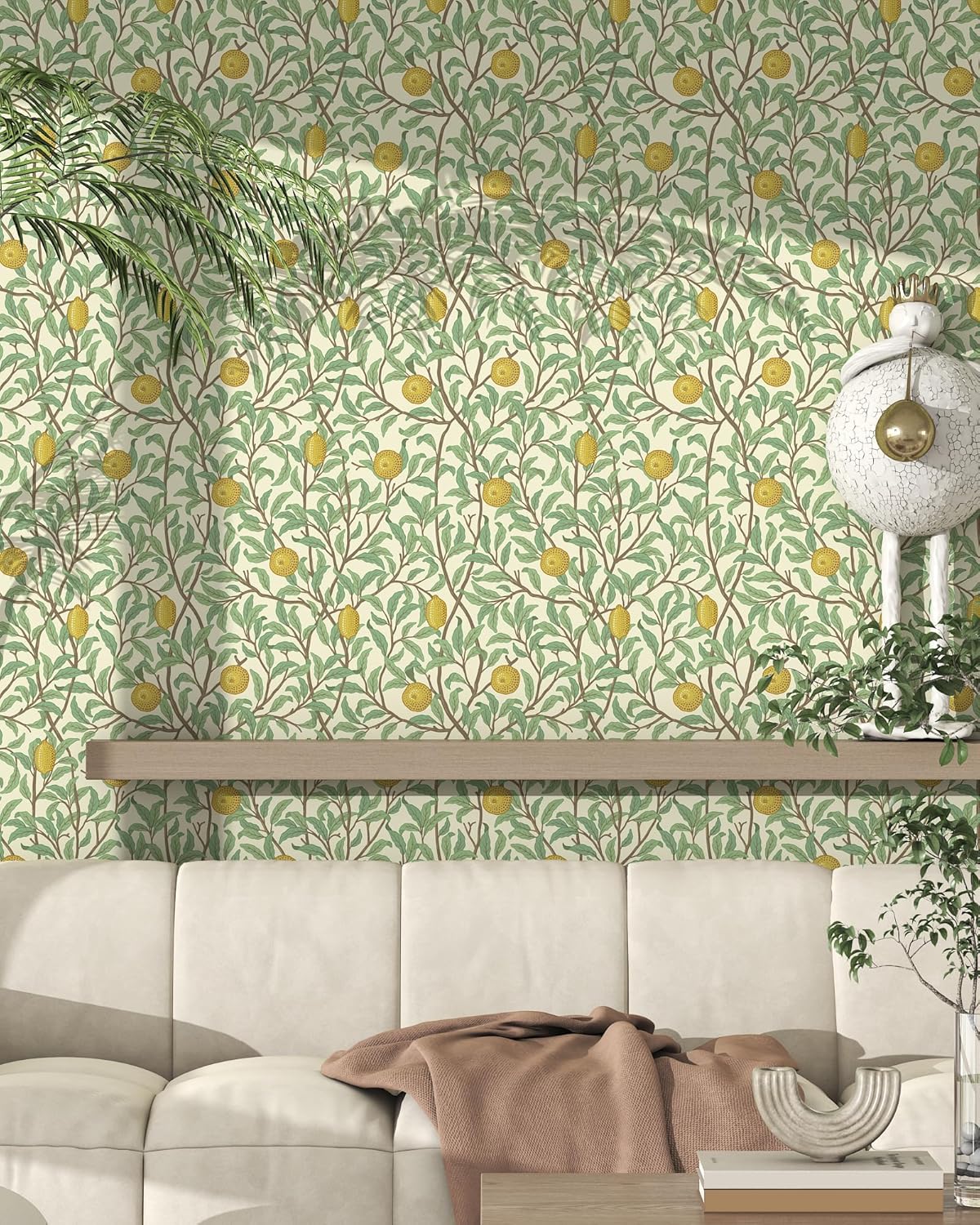 Lemon Wallpaper Leaf Peel and Stick Wallpaper Beige and Green 17.3"X197" Self Adhesive Wall Paper Removable Decorative Wallpapers Boho Contact Paper for Bedroom Bathroom Cabinets Decor Vinyl Roll