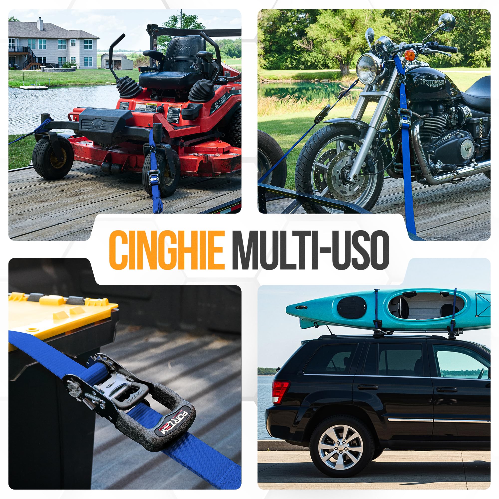 FORTEM Cinghie a Cricchetto, Resistenza fino a 2362 Kg, Set da 4 Cinghie di Fissaggio da 3,05 m, 4 Maniglie Morbide, Cinghie Fissaggio per Moto, Ganci in Metallo Rivestiti, Custodia Inclusa (Blu)