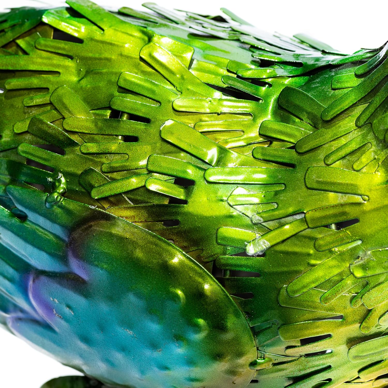 Wind & Weather 36-Inch Tall Colorful Indoor/Outdoor Standing Metal Peacock Sculpture with Delicate Body Feathers and a 46-Inch Wide Tail Plumage Spread